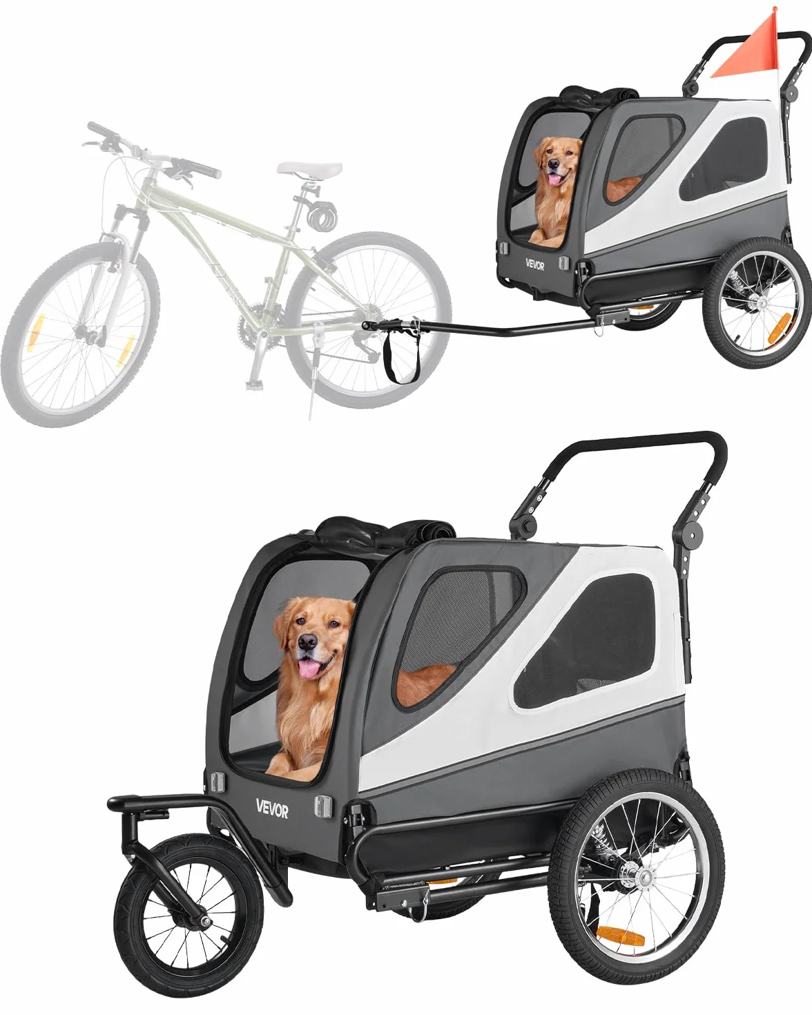 VEVOR Rimorchio per Bici per Cani, Supporta Fino a 45 kg, Carrello Portabici per Animali Domestici di Piccola e Grande Taglia, Telaio Pieghevole con Ruota a Sgancio Rapido, Attacco Universale