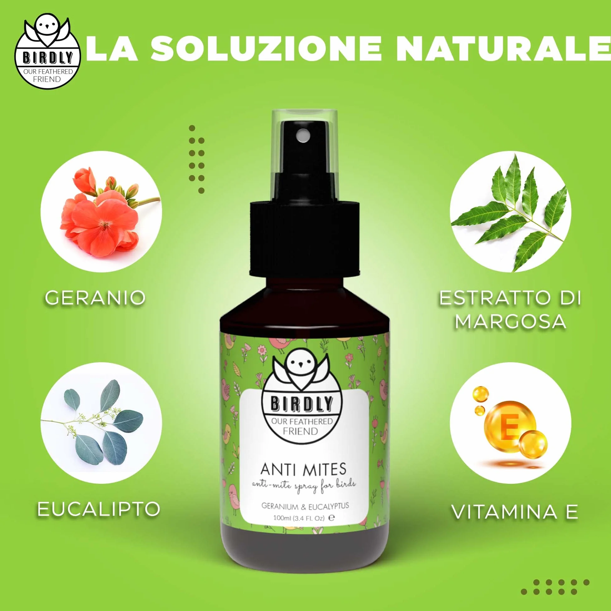 Birdly Spray Antiparassitario per Galline e Uccelli - Repellente Anti Acari con Vitamina E, 100ml