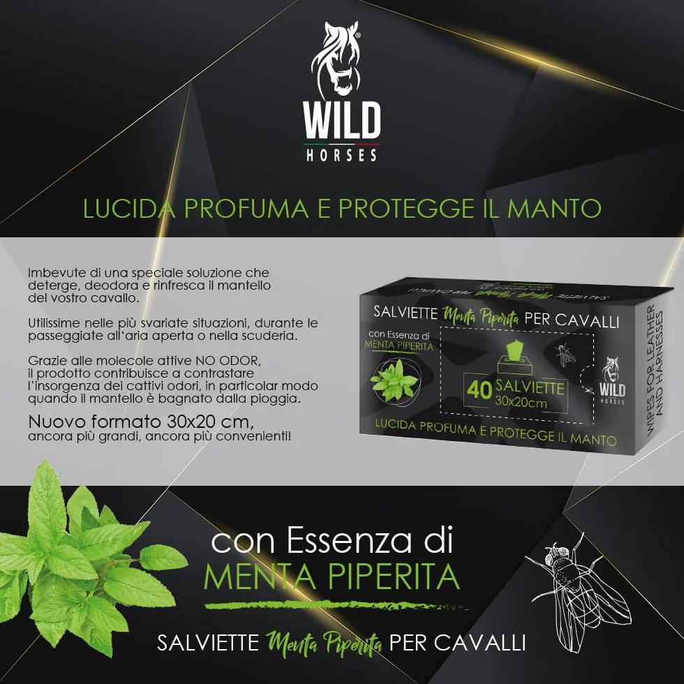 Wild Horses | Salviette Detergenti per Cavalli, Ideali per Lucidare, Profumare e Proteggere il Manto, Menta Piperita, 40 Pz, 30x20cm