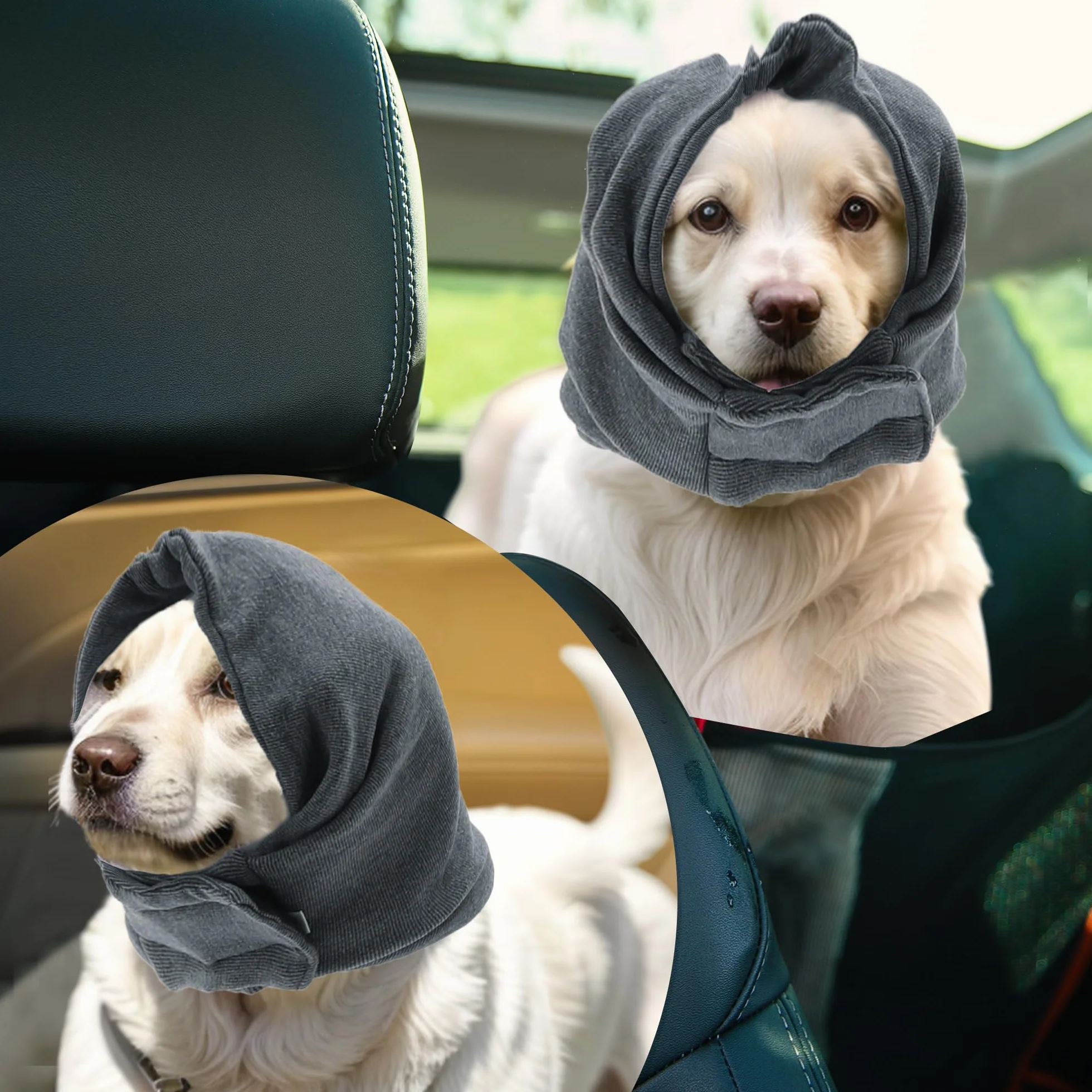 Cappuccio calmante per cani regolabile con nastri magici protezione orecchie toelettatura grigio