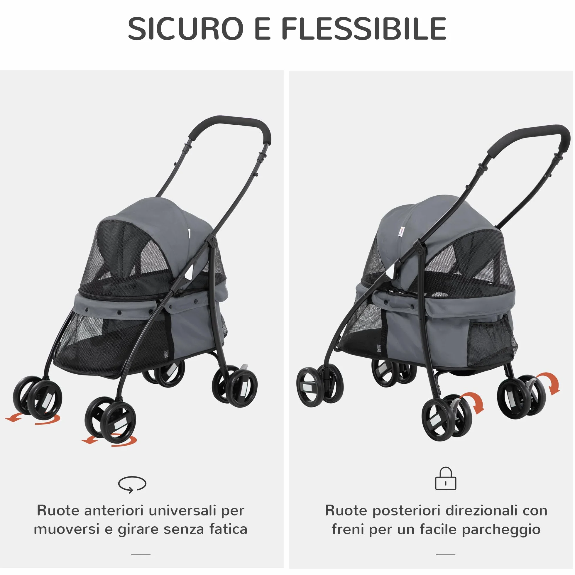 PawHut Passeggino per Cani Pieghevole con Tettuccio Regolabile, Borsa e 2 Guinzagli, Passeggino per Animali in Tessuto Oxford e Acciaio, 82x47x97 cm, Grigio e Nero