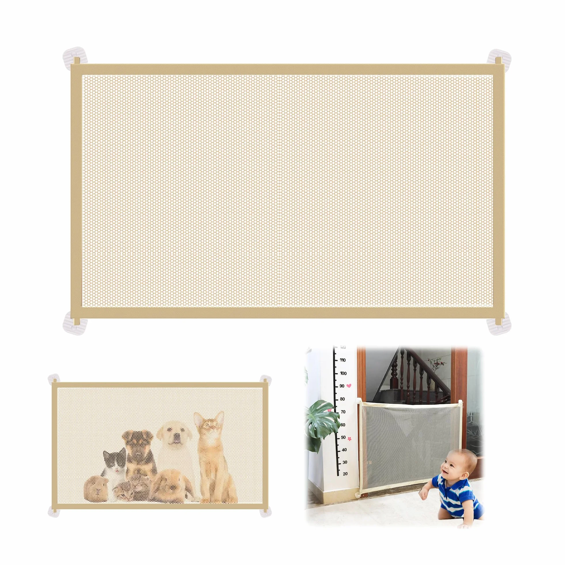 Cancello Cani Barriera per Cani 110 x 72 cm Beige con 4 Ganci Adesivi