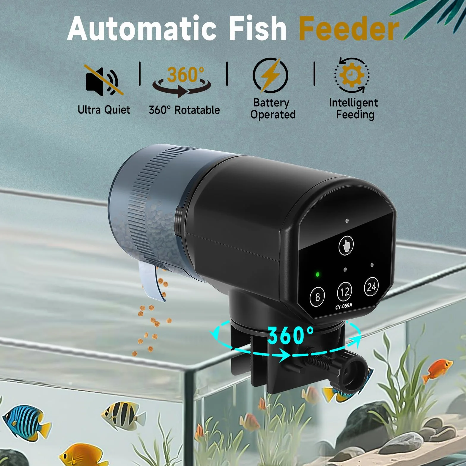 Mangiatoia Automatica Acquario 200ML con Indicatore LED e Batterie AAA, Nero
