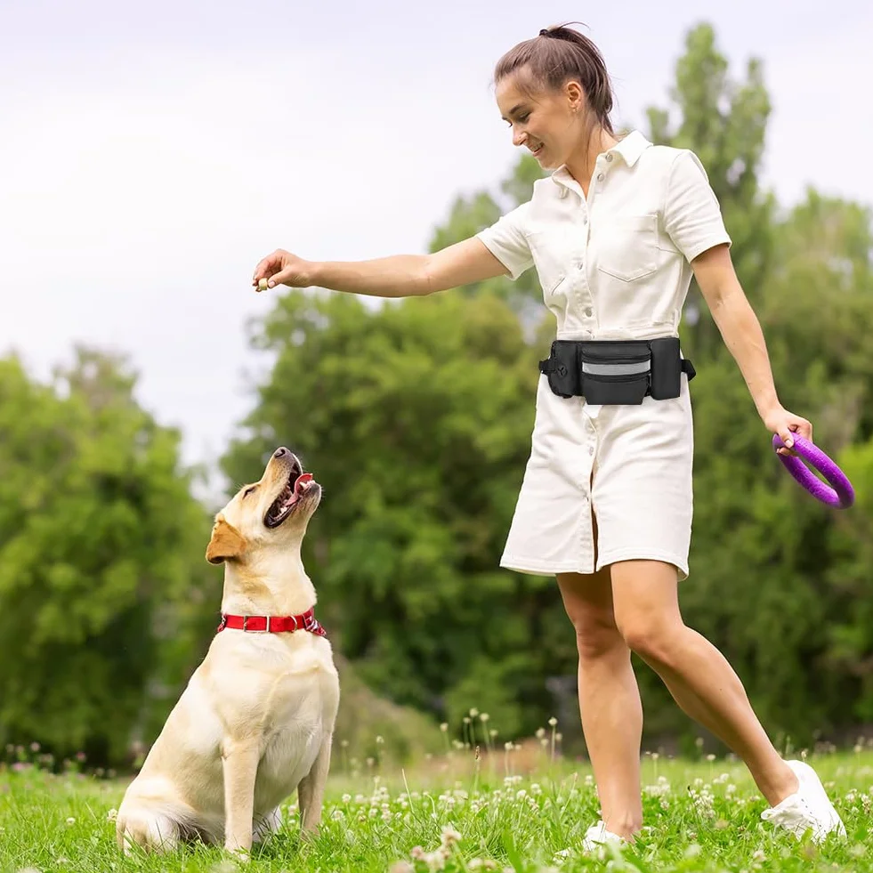 Aomig Borsa per cani 3 in 1: ciotola pieghevole, clicker e marsupio regolabile per passeggiate e allenamento a mani libere