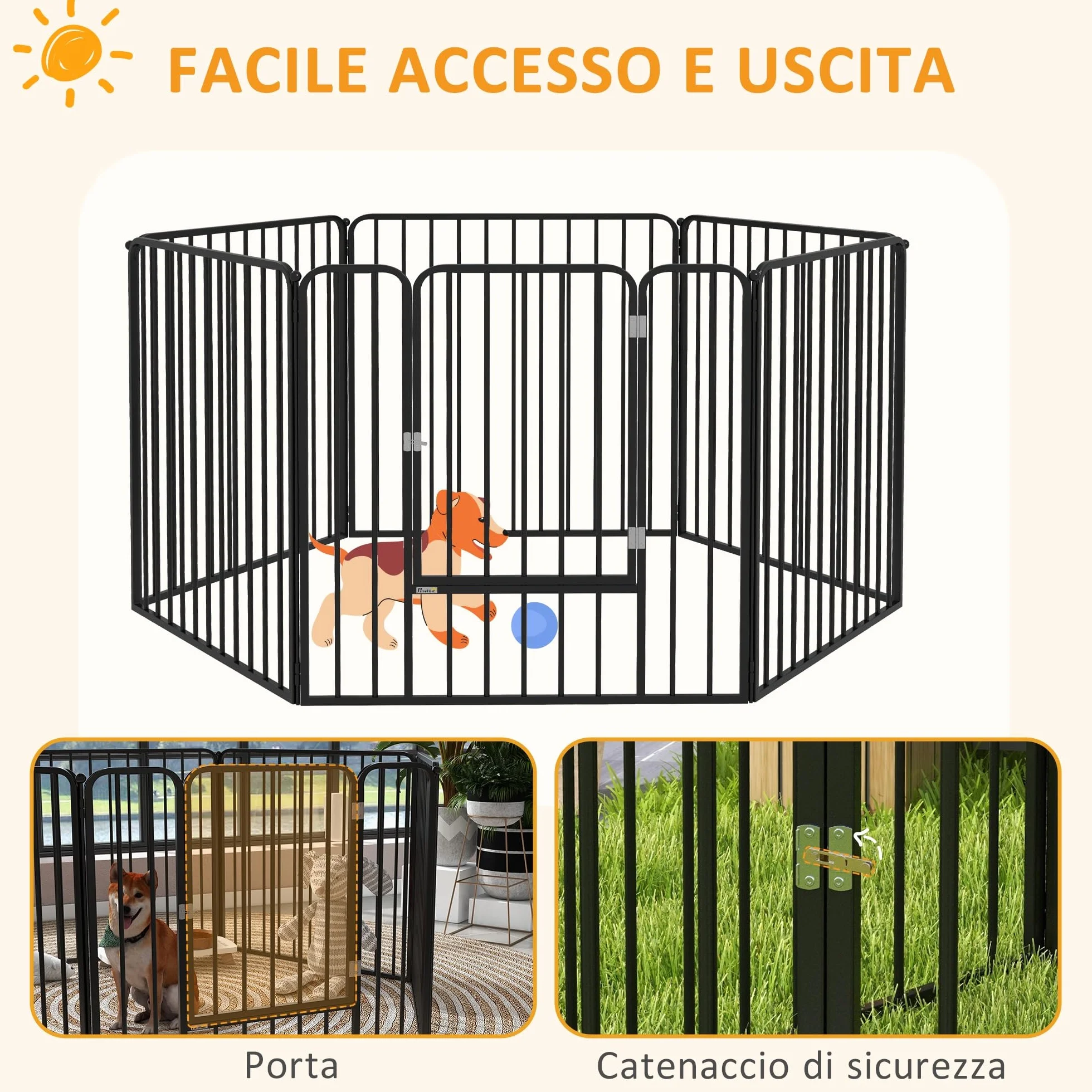 PawHut Box per Cani Taglia Media e Piccola a 6 Pannelli Modulabili da Interno ed Esterno, Cancello per Cani in Acciaio con 9 Picchetti, 164x83x80 cm, Nero