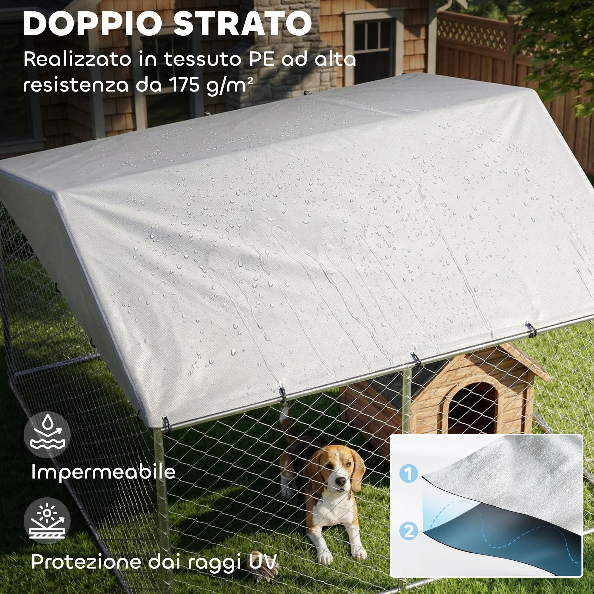 PawHut Kennel Gabbia per Cani da Esterno Grande, Recinto con Tetto Anti-UV Impermeabile, Porta Reversibile, Acciaio Zincato, 230x230x170cm, Argento