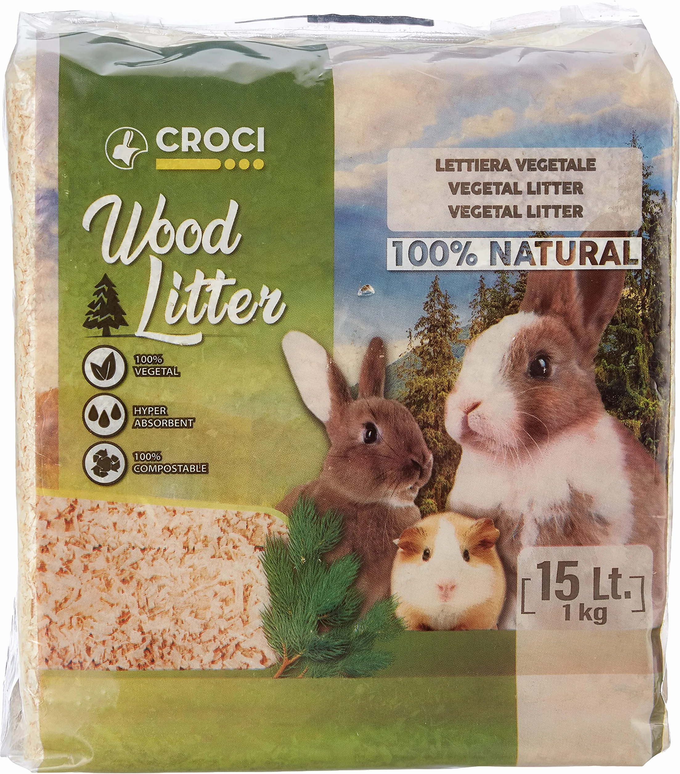Croci Wood Litter, Lettiera vegetale per roditori a base di trucioli di abete, formato 15 lt - 1Kg, naturale e compostabile senza prodotti chimici, super assorbente