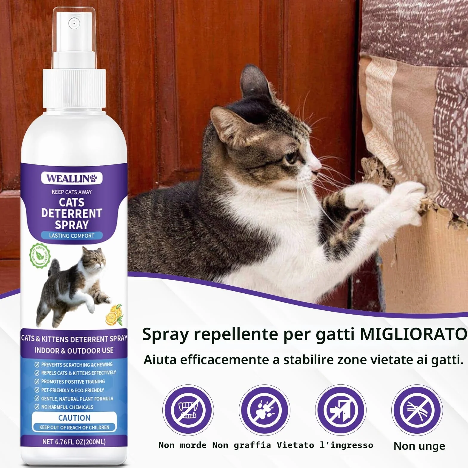 WEALLIN Spray Repellente per Gatti, 200ml Repellente Gatti e Spray AntiGraffio per Gatti Divano, Uso Interno ed Esterno, Protezione del Divano e Mobili, Ideale per Casa e Giardino
