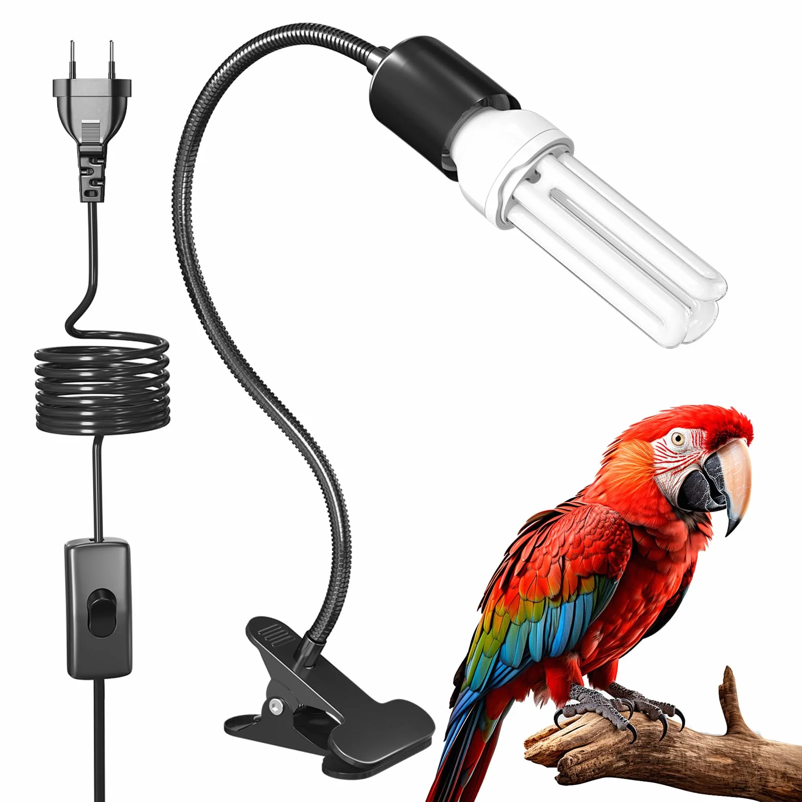 GlowUp Lampada per uccelli set completo, lampada a morsetto con lampadina UVB 2.4 E27 20W per Illuminazione degli uccelli