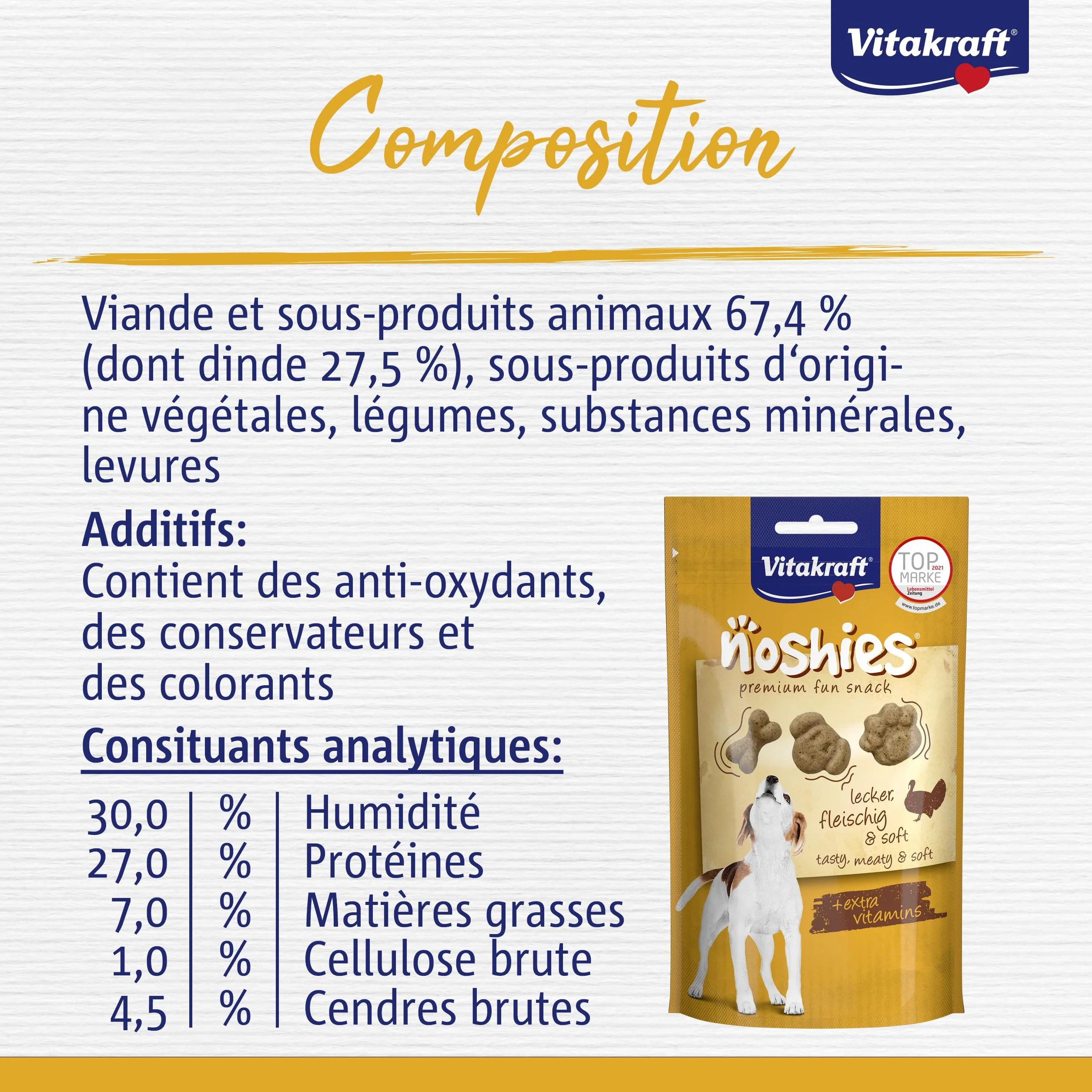 Vitakraft Noshies, leccornie per cani, con pregiata carne di tacchino, ideale per una coccola, vitamine per la pelle e il pelo, senza l'aggiunta di zuccheri e cereali (1x 90g)