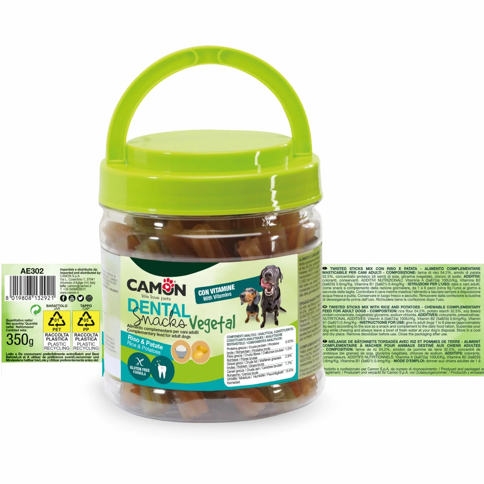 CAMON Dental Snacks Vegetal - Twisted Sticks Mix con Riso, Patate e Vitamine Aggiunte - Snack Vegetale per Cani Adulti - Bastoncini 10cm - Gluten Free Formula - 350g