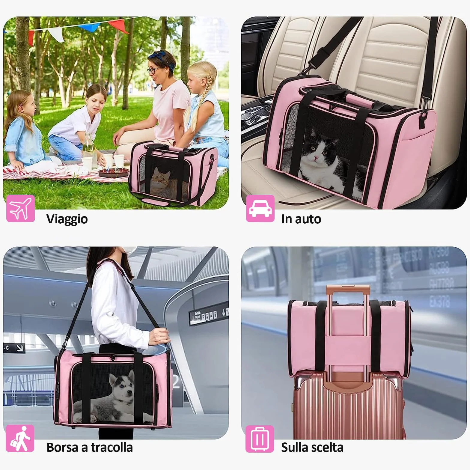 Trasportino per Cani e Gatti, Gabbietta Morbida per Animali Domestici, Tappetino Lavabile Rimovibile, con Tracolla, Borsa Ripiegabile Viaggio Sull' Aereo (L 50 x B 34 x H 34 cm, Rosa)