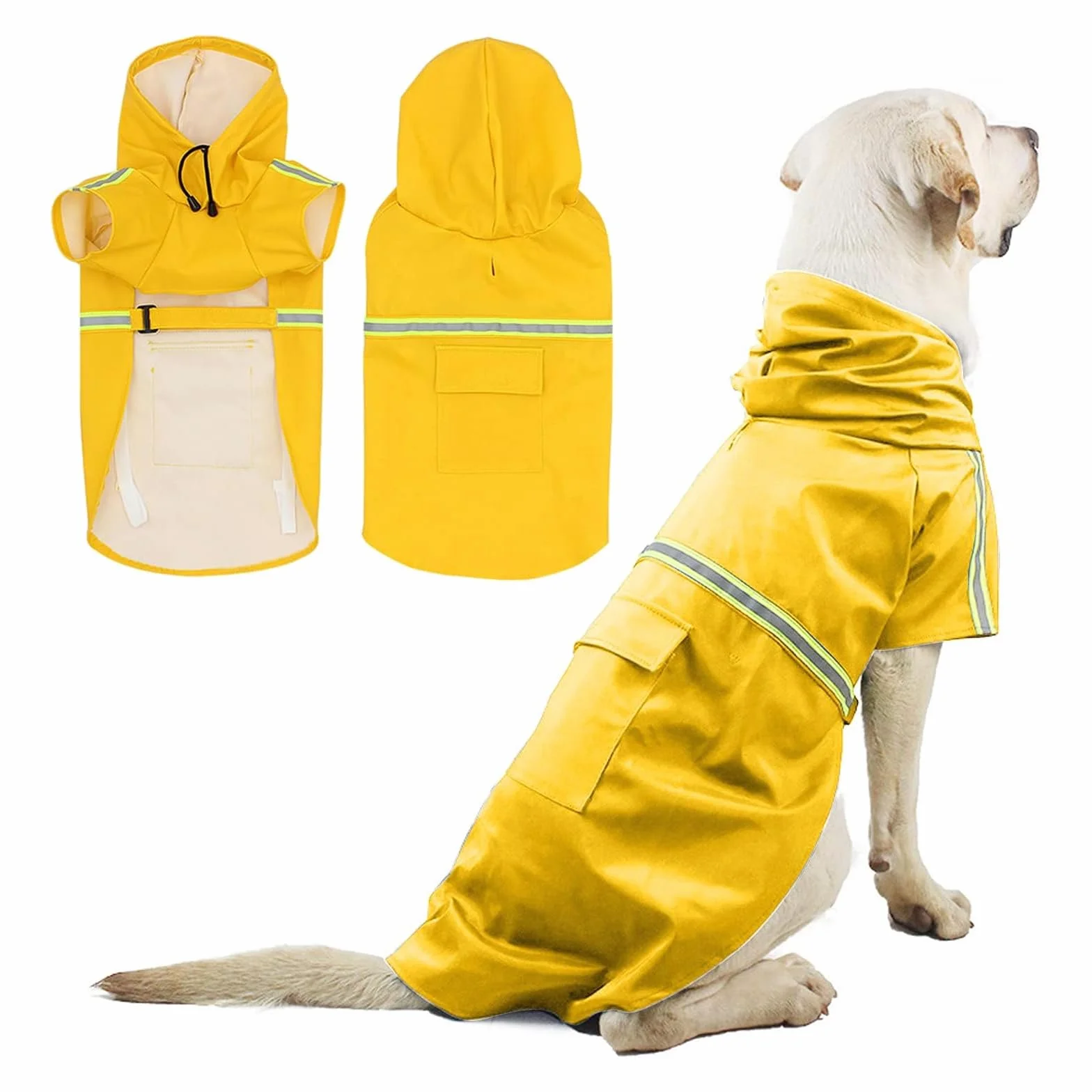 PETCUTE Impermeabile per Cani,Antipioggia Regolabile per Cani con Cappuccio e Foro per Colletto,Strisce Riflettenti Protettive,Ultraleggero 100% Cappotto Impermeabile per Animali Domestici