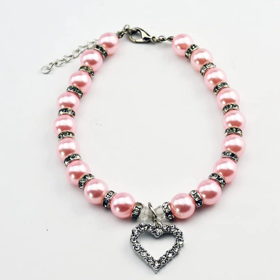 2 collane con perle per cani chihuahua, ciondolo cuore, accessori costume sposa, rosa e blu