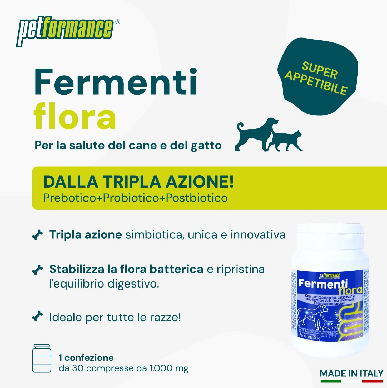 PETFORMANCE Fermentiflora Probiotico Prebiotico Postbiotico 30 Compresse per Cani e Gatti