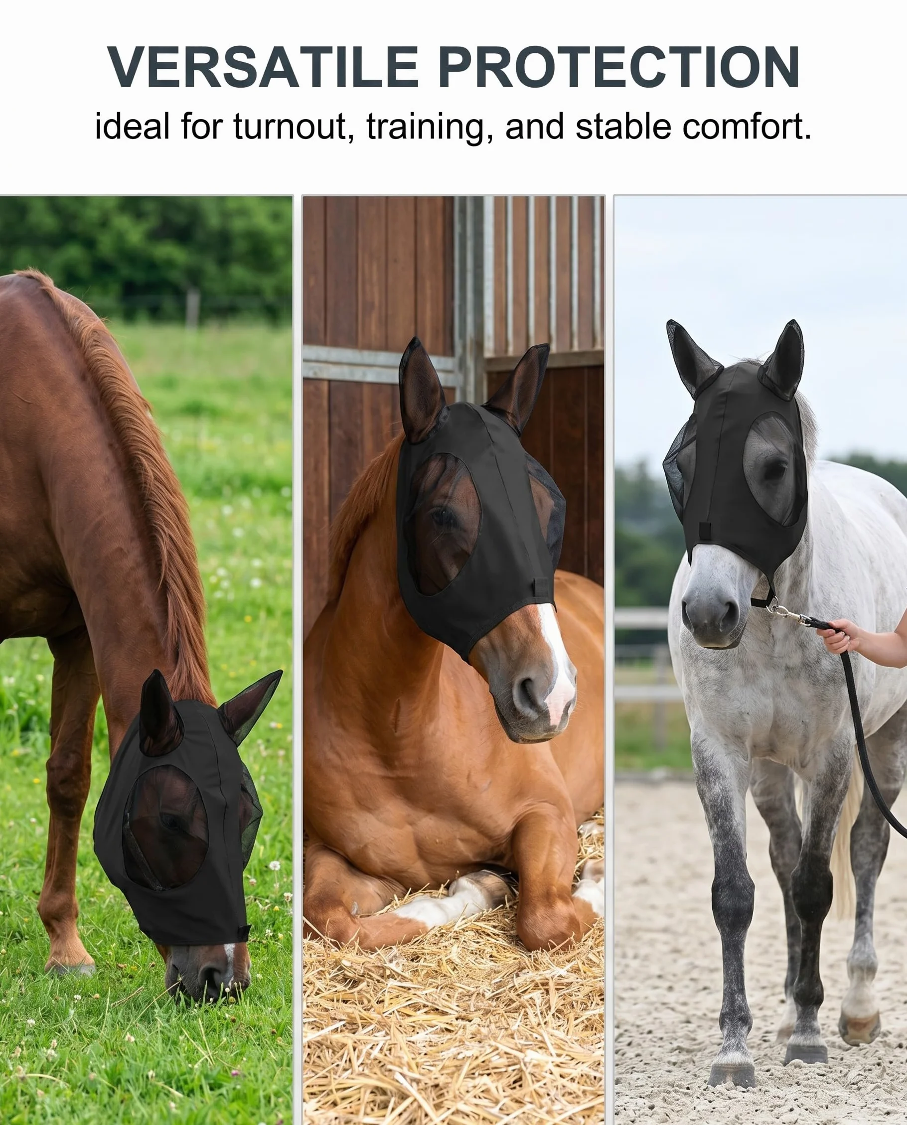 1pz Maschera Cavallo Nera, Protezione Mosche e UV Traspirante, Anti-Insetti, con design ergonomico per comfort e benessere equino