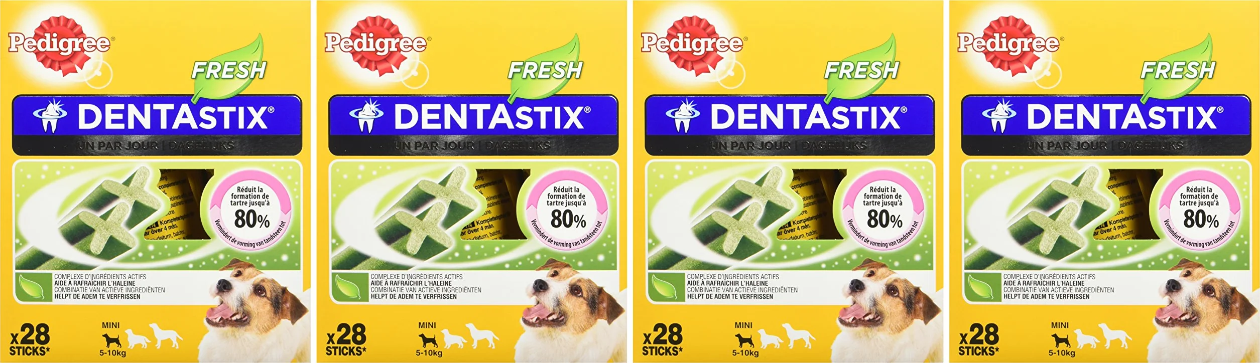 Pedigree, Snack per cani, Tratta per cani Dentastix Daily Fresh Dental Care, 4 x (4 x 7 stick / 110 g), 1,76 kg