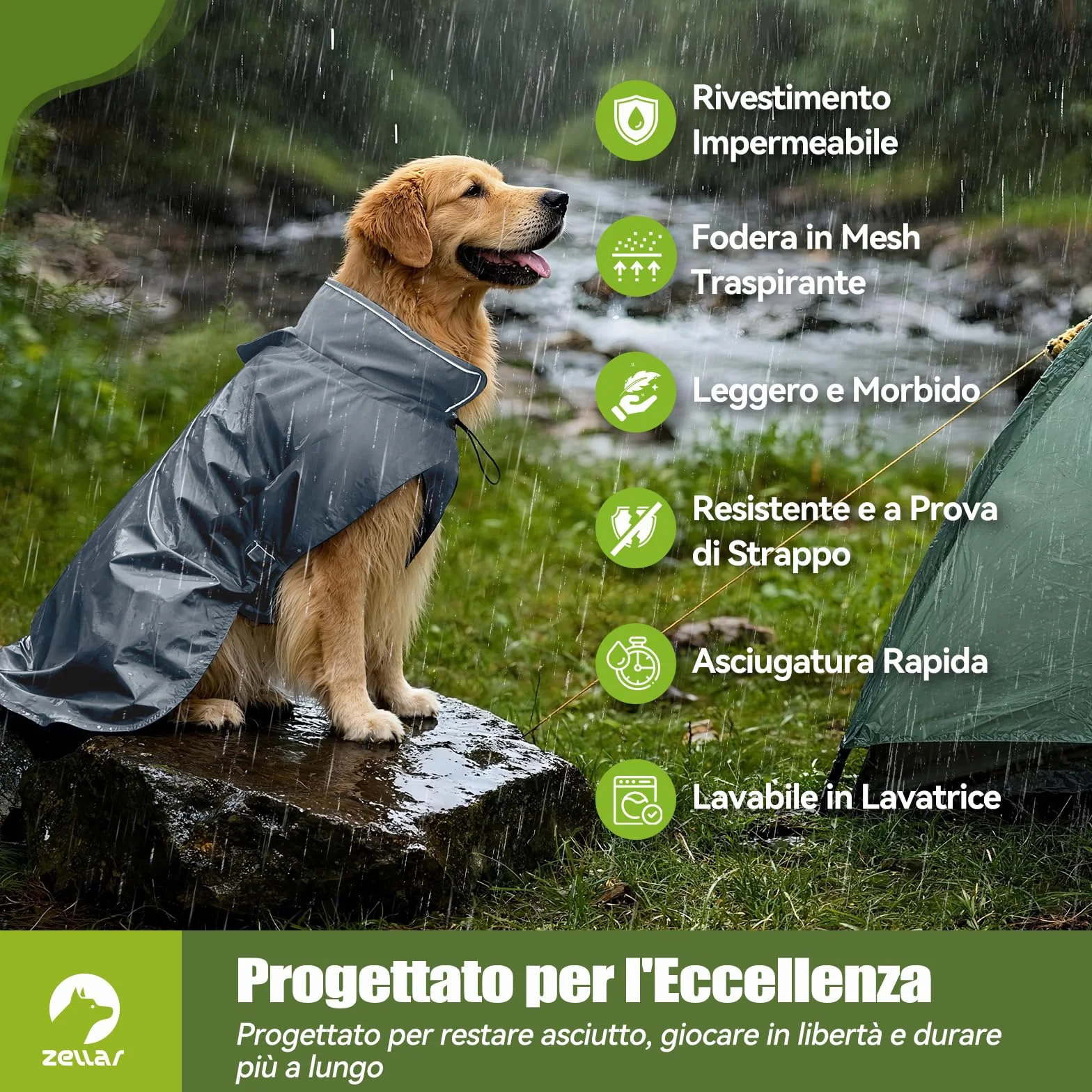 Zellar Impermeabile per Cani Regolabile, Leggero con Buco per Collare e Strisce Riflettenti, Vestibilità Facile, Traspirante Cappotto Pioggia Cane Taglie Media e Grandea (XL, Grigio)