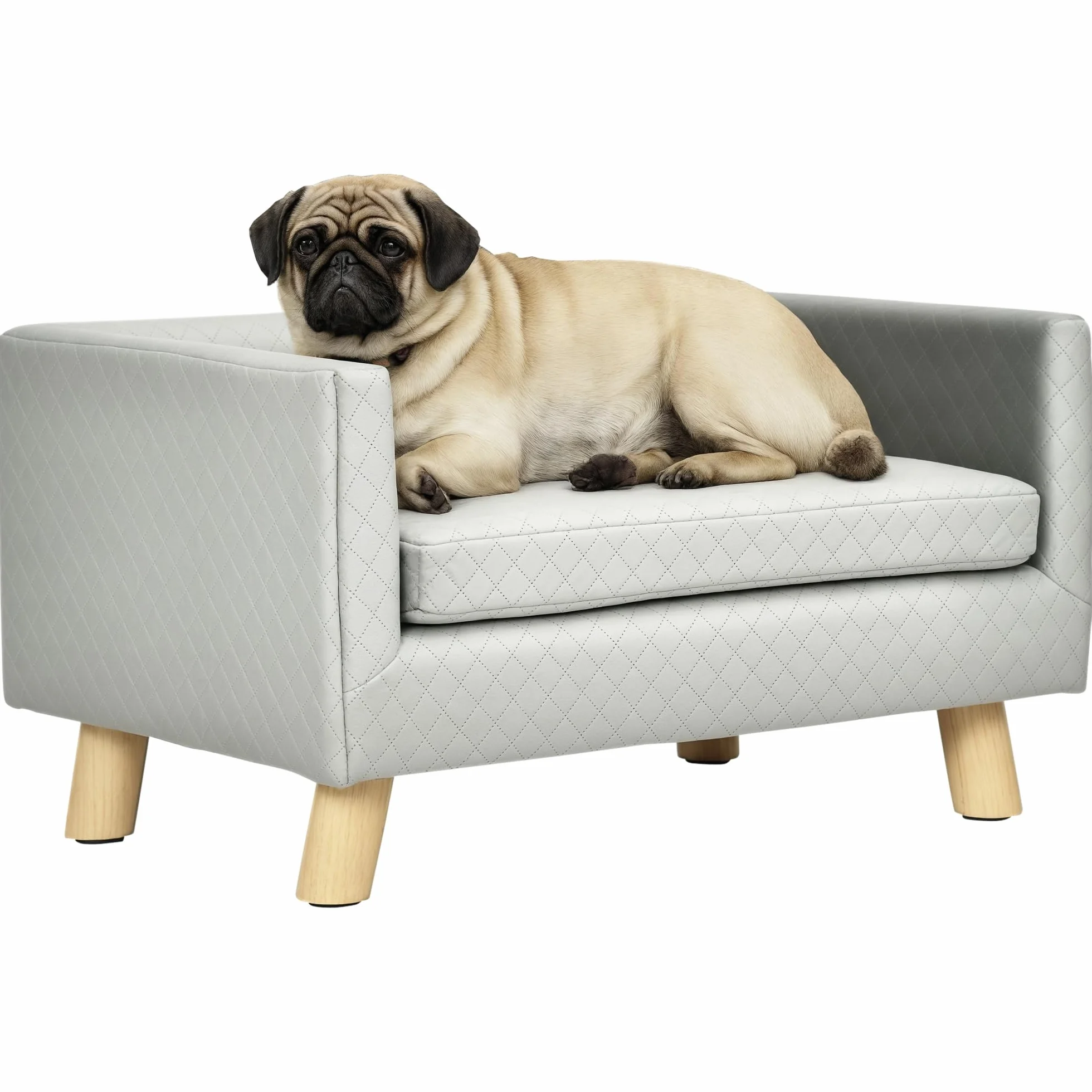 PawHut Divano per Cani e Gatti con Design Scandinavo e Cuscino Imbottito, Cuccia per Animali da Interno in Velluto e Legno, 64x45x36cm, Grigio