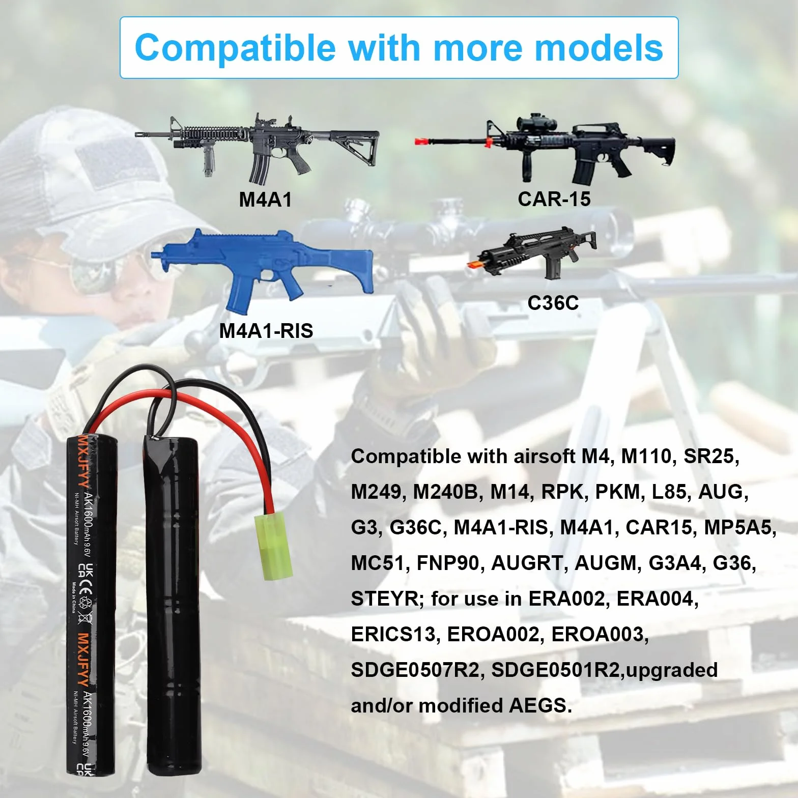 Confezione da 2 batterie 9,6 V 1600 mAh NiMH Airsoft, batteria ricaricabile 8S Butterfly NunChuck per Airsoft MP5 M4 G36C M110 SR25 M249 M240B M14