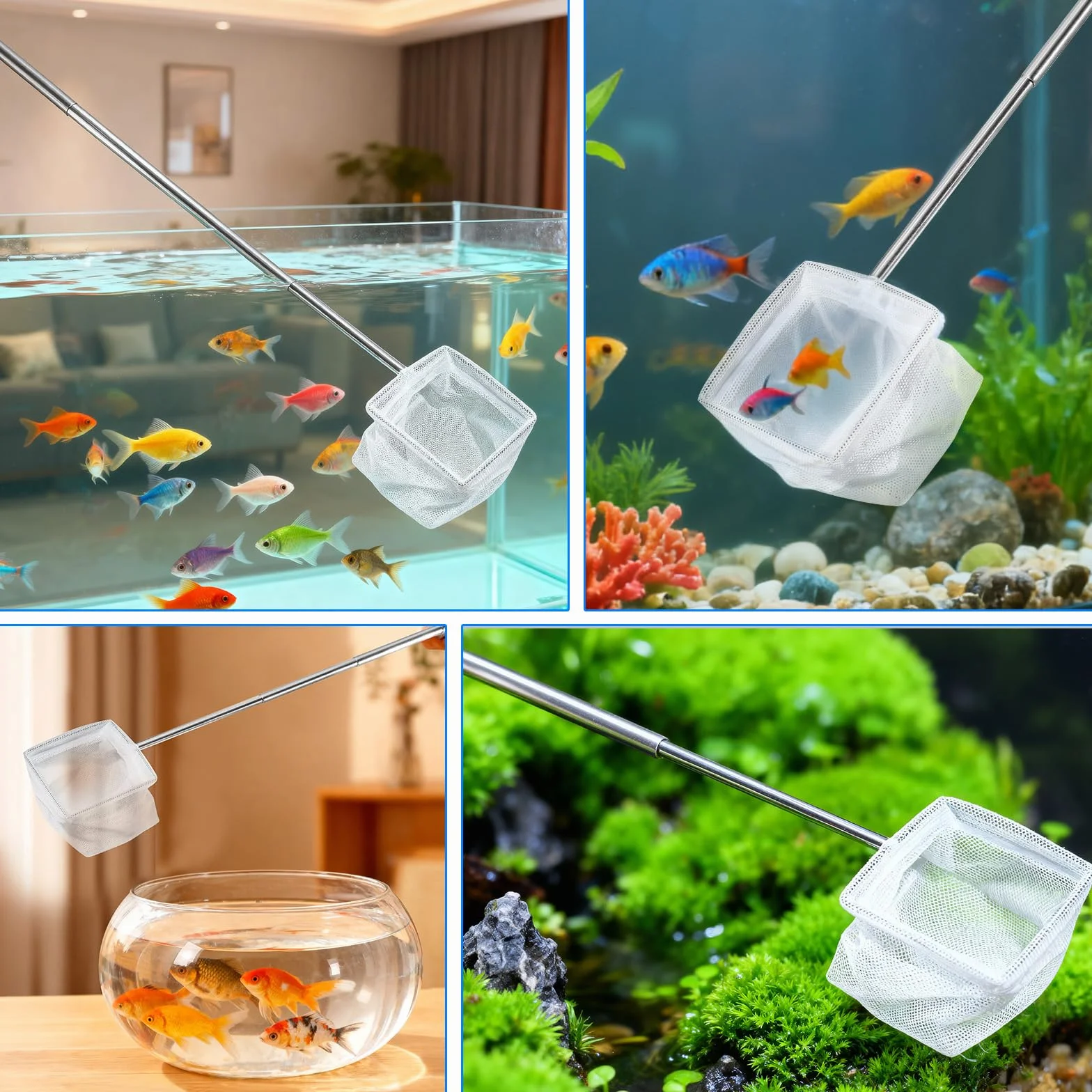 Set di 2 Retini Mini Acquario con Manico in Acciaio Inossidabile – Rete da Pesca a Maglia Fine con Manico Telescopico (13-40 cm) per Acquario, Stagno e Pulizia (8x6,5 cm)