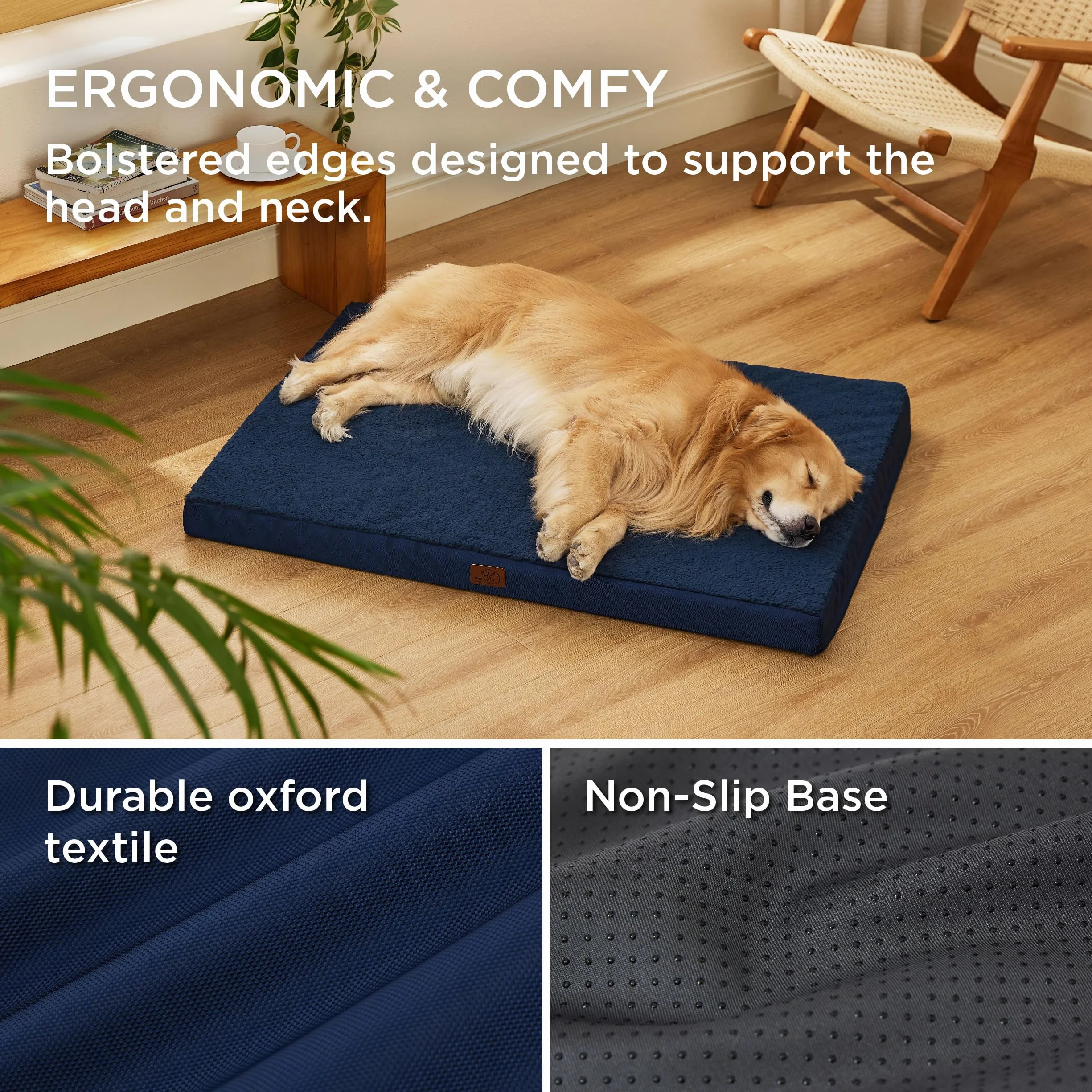 Bedsure Cuscino per Cane Gande - Materassino per Cani Taglia Grande Interno Cuscino Cane Sfoderabile Lavabile 112x81x7,6 cm Blu