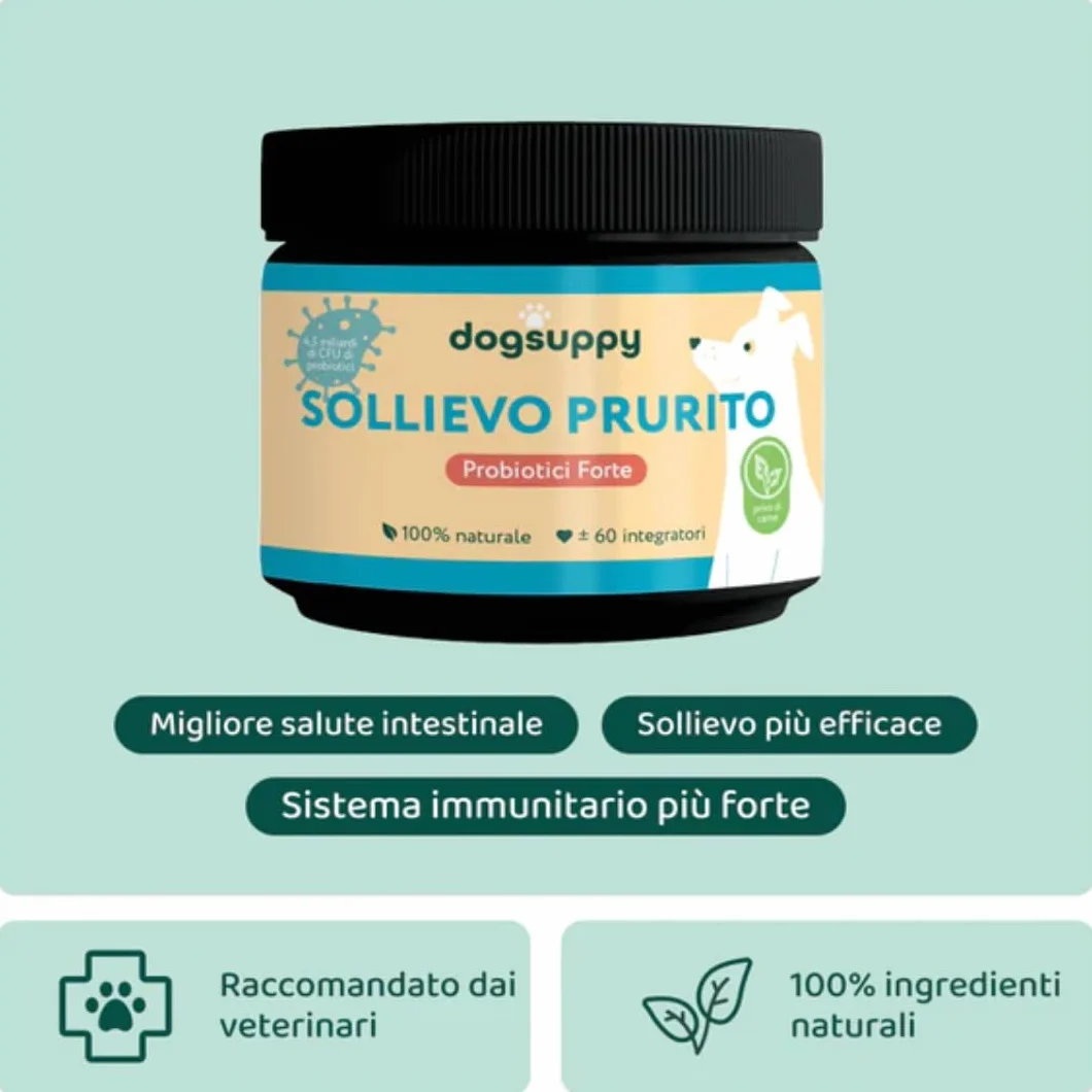 DogSuppy Sollievo Prurito Probiotici Forte per Cani – Ferma Prurito, Grattamento, Leccamento delle Zampe e Mangiare l’Erba, Allevia Allergie e Lieviti, 100% Naturale, Sostiene Intestino e Immunità