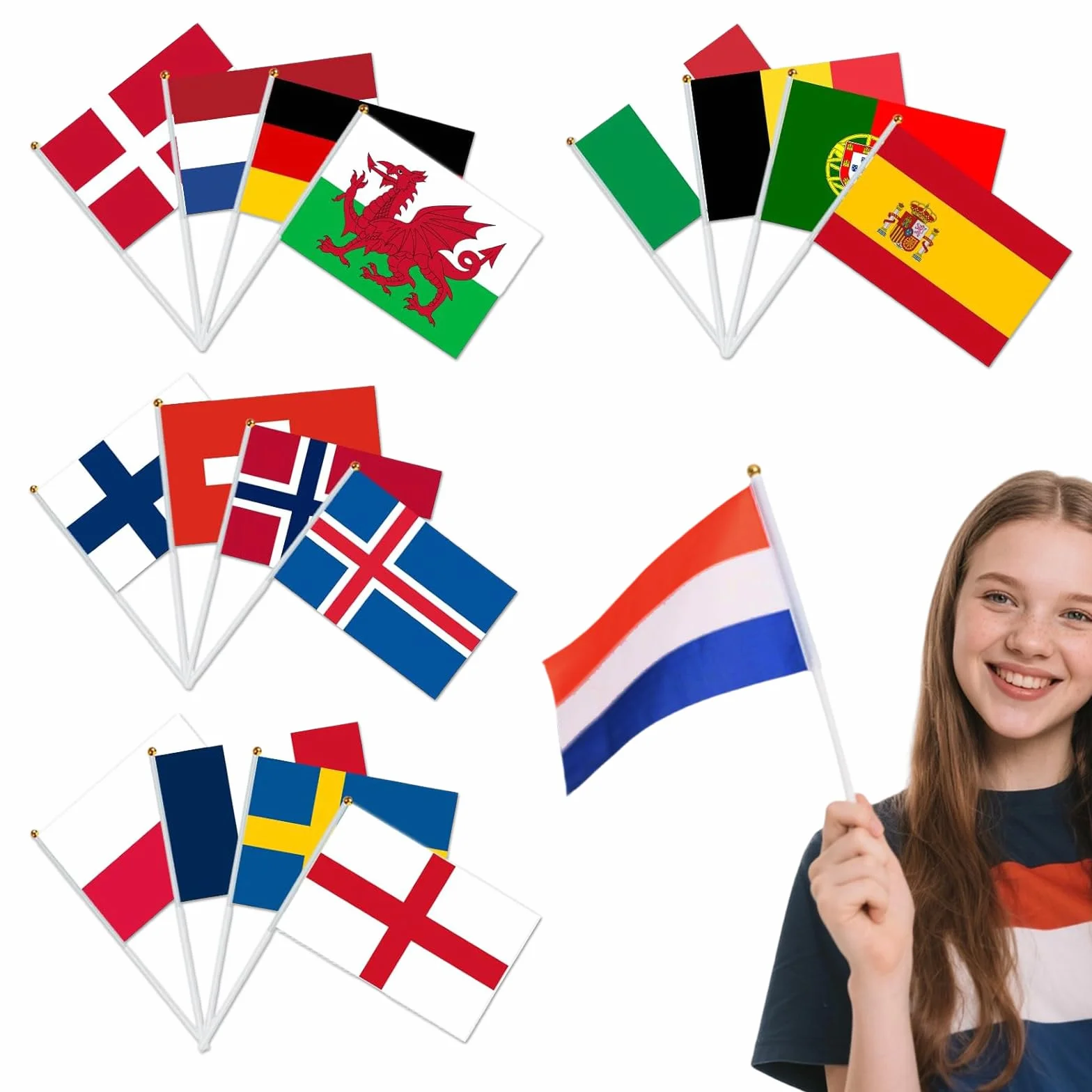 Bandiera Mini per il Campionato Europeo di Calcio Femminile 2025: Set da 16 Pezzi, 14x21 cm, con Stelo in Plastica - Perfetta per Decorazioni a Tema e Celebrazioni