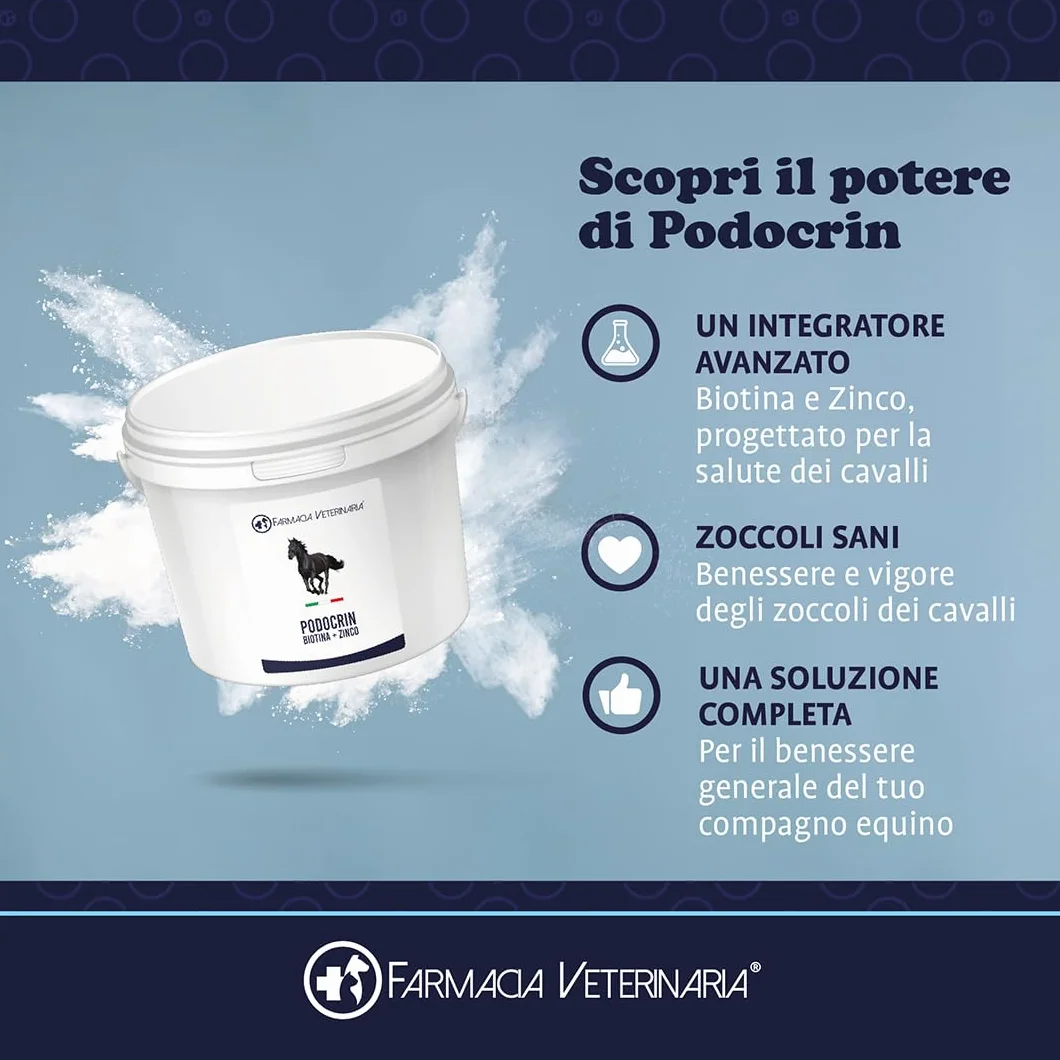 Farmacia Veterinaria Podocrin Zinco + Biotina – Zoccoli Forti e Criniera da Sogno. Integratore per Cavalli Vitamine Microincapsulate per Cavallo – Fortifica Rinforza e Protegge – Confezione 1 Kg.