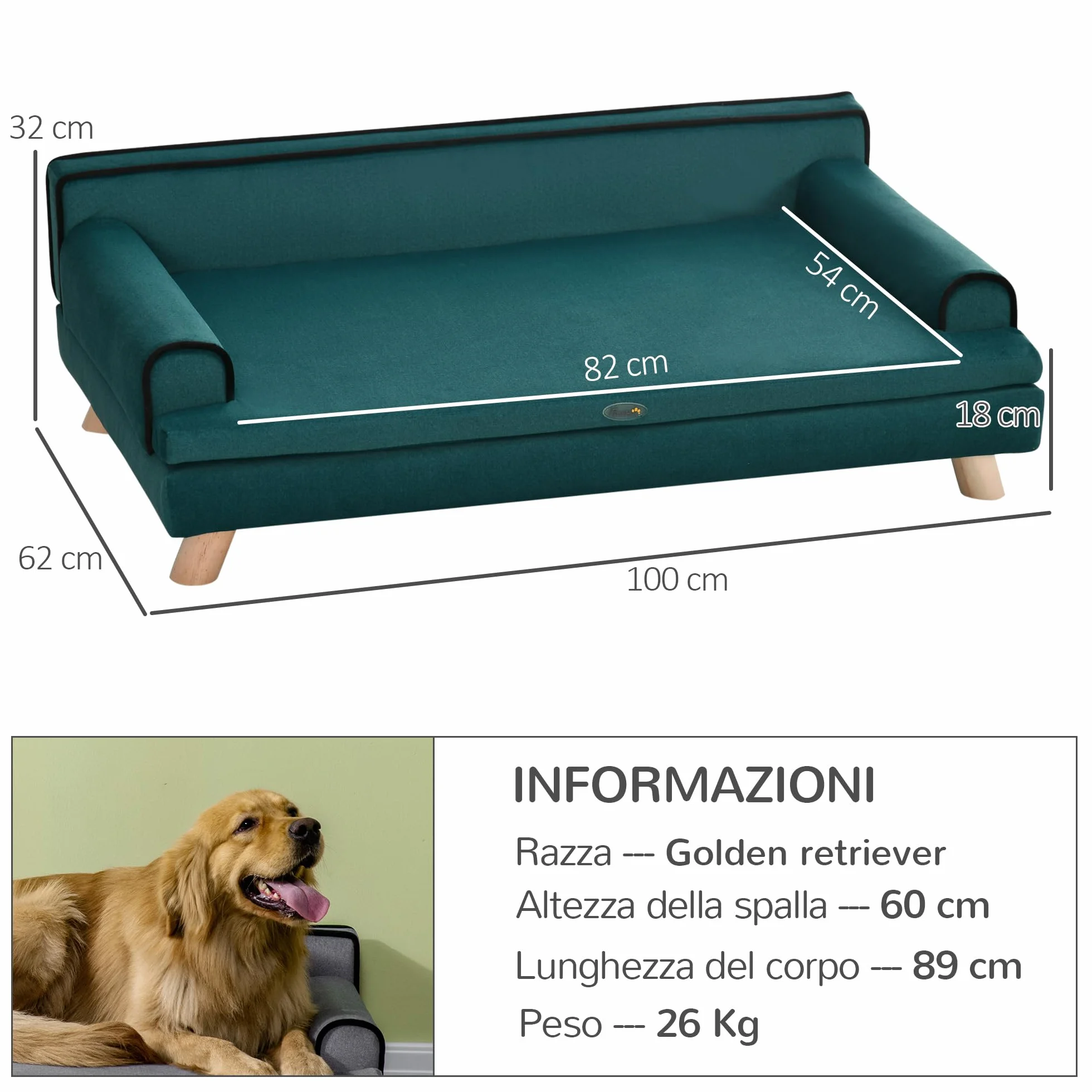 PawHut Divano per Cani Grandi con Imbottitura e Rivestimento Morbido, Cuccia per Cani con Rivestimento Lavabile e Gambe in Legno, Verde Scuro