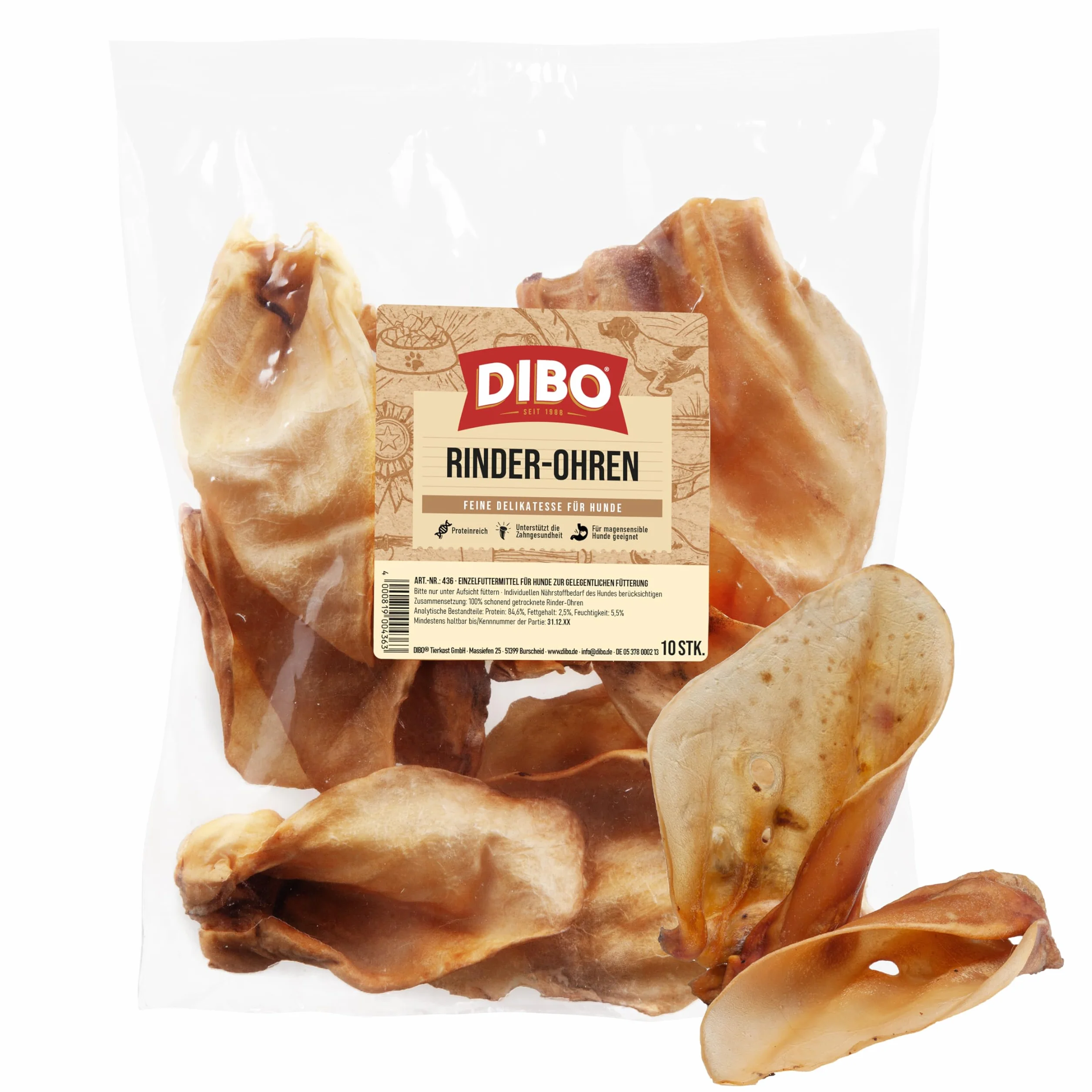 DIBO Orecchie di manzo, 10 sacchetti, piccoli snack o dolcetti per cani, prodotti da masticare di qualità senza prodotti chimici
