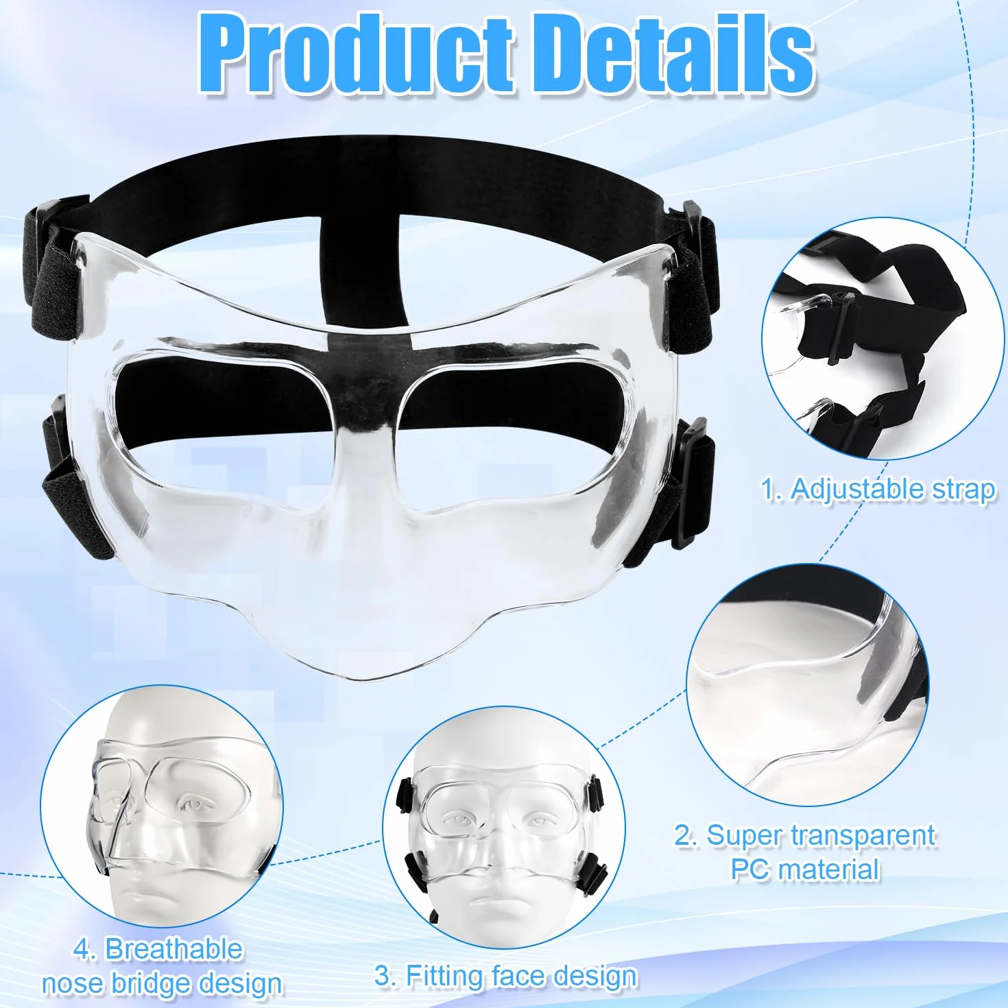 Maschera per Naso Rotto, Regolabile Visiera Traspirante Trasparente Allenamento Sportivo Maschera per il Viso Protezione per il Naso con Imbottitura per Adulti Adolescenti Basket Calcio