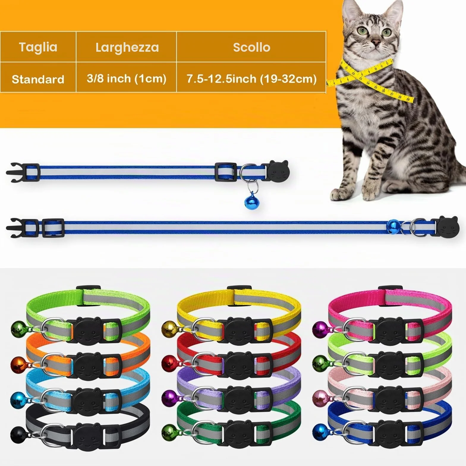 12 Pcs Collare Gatto Riflettenti,Collari per Gatti Antistrozzo con Campanellino,Regolabile 19-32 cm,Sicuro,Nylon,Personalizzato Accessori Animali Domestic(12 Colori e 2 Etichette Anti-Perso)