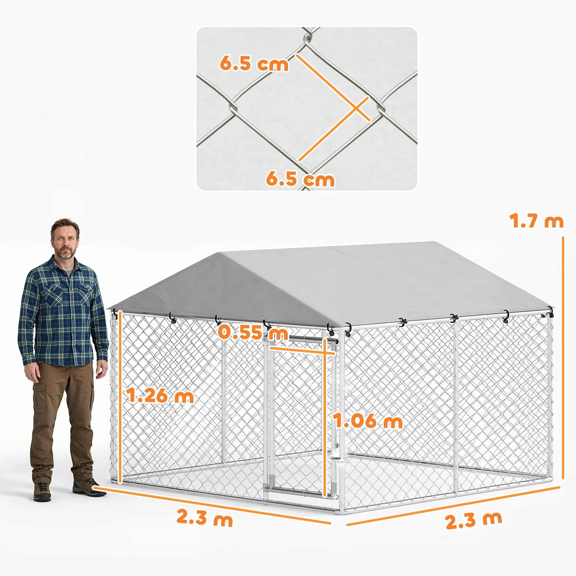 PawHut Kennel Gabbia per Cani da Esterno Grande, Recinto con Tetto Anti-UV Impermeabile, Porta Reversibile, Acciaio Zincato, 230x230x170cm, Argento
