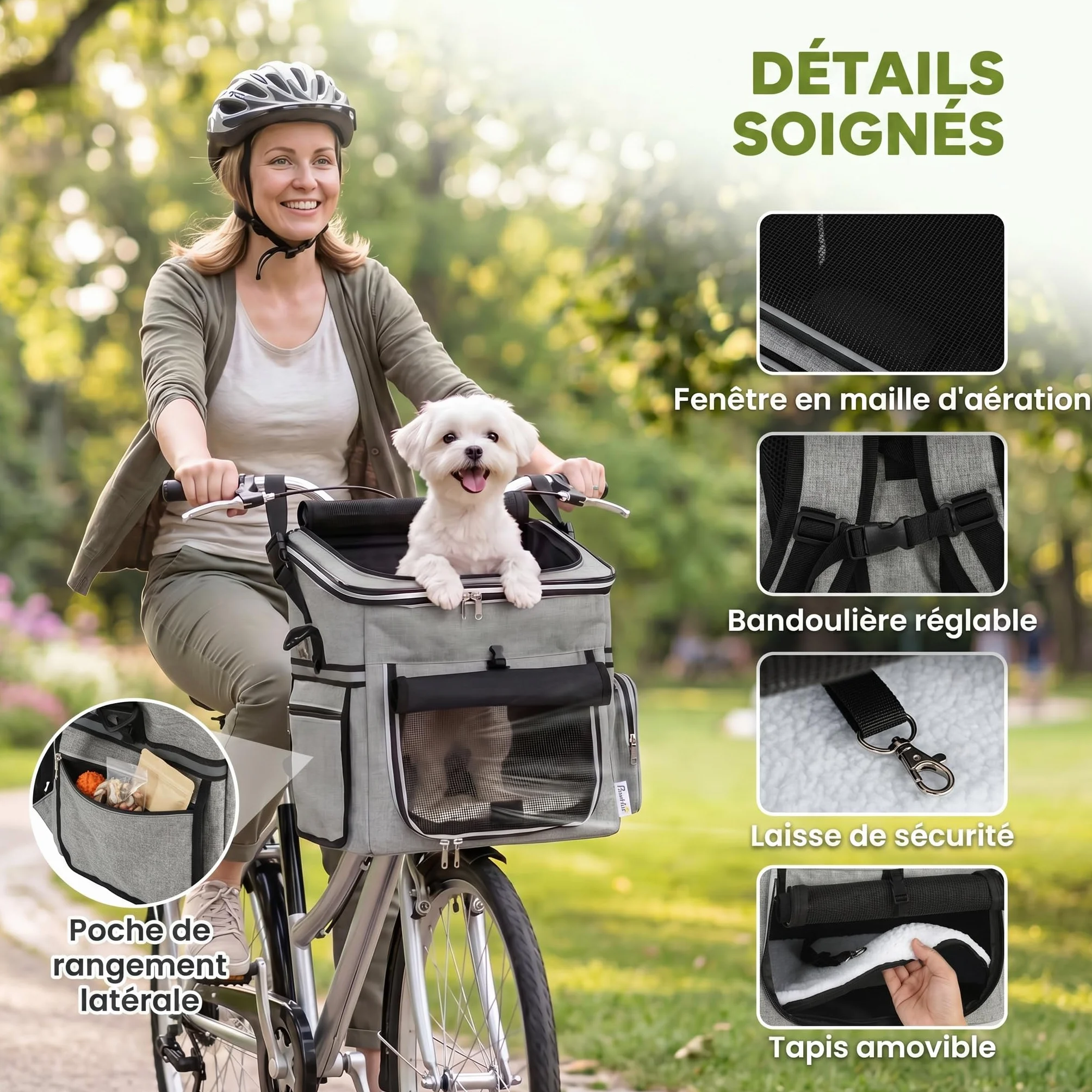 PawHut Cestello da bicicletta Anteriore per Cani Gatti, Cestino Bici Anteriore Portatile con Guinzaglio di Sicurezza, Base Rigida Rimovibile, Coperchio Staccabile, Cuscino Soffice, Finestre e Porta