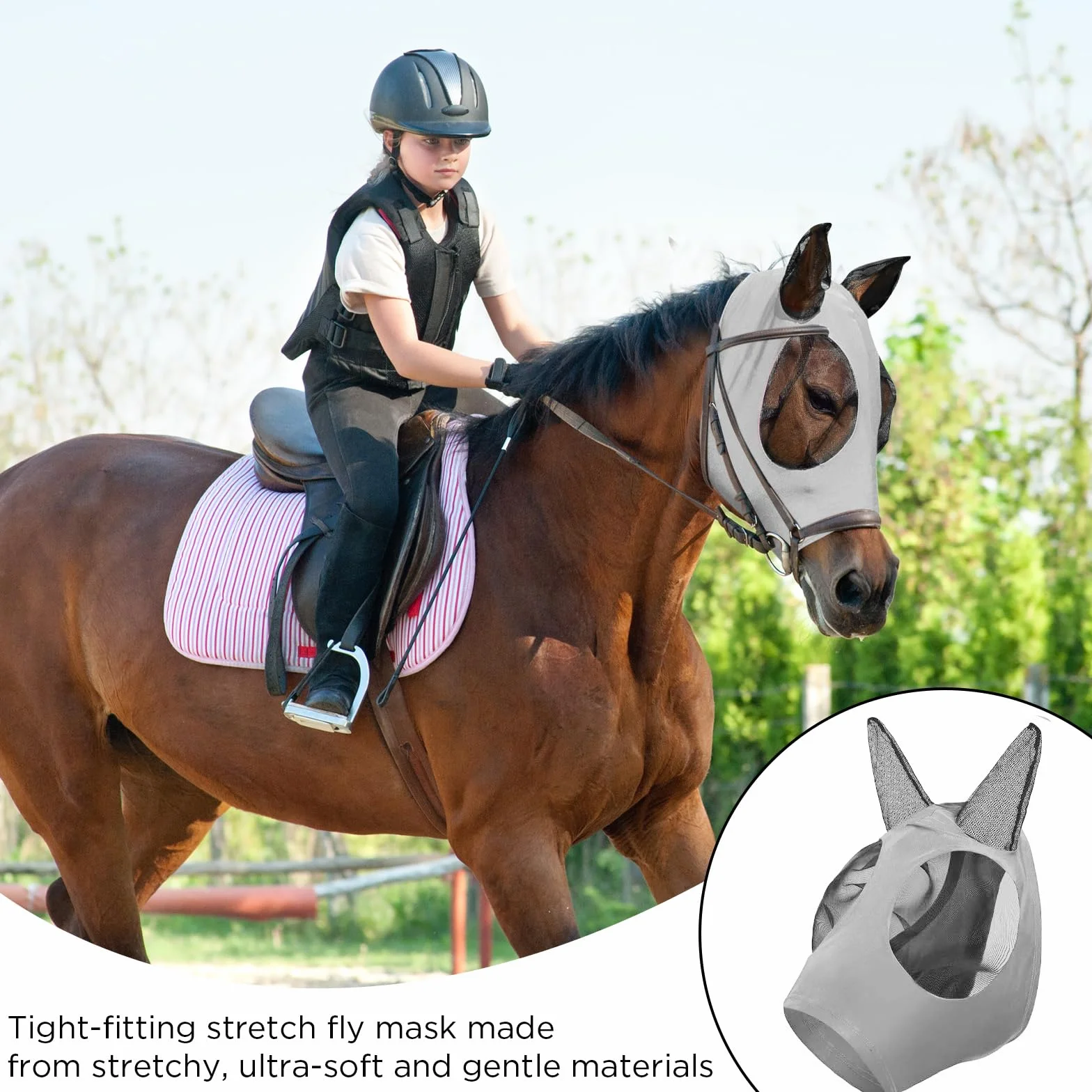 Maschera Antimosche Cavallo Protezione UV Elastico Grigio
