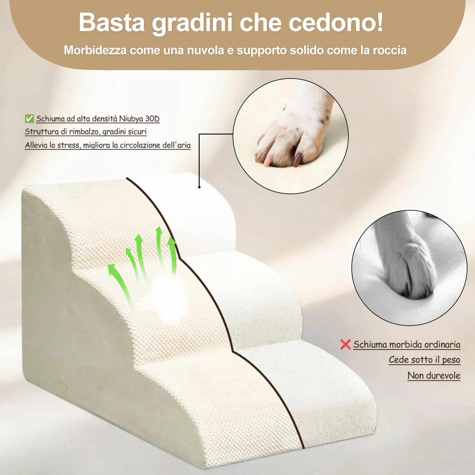 Scala per Cani e Gatti Piccoli 2 Gradini 30 cm Schiuma 30D Antiscivolo Fodera Lavabile Beige