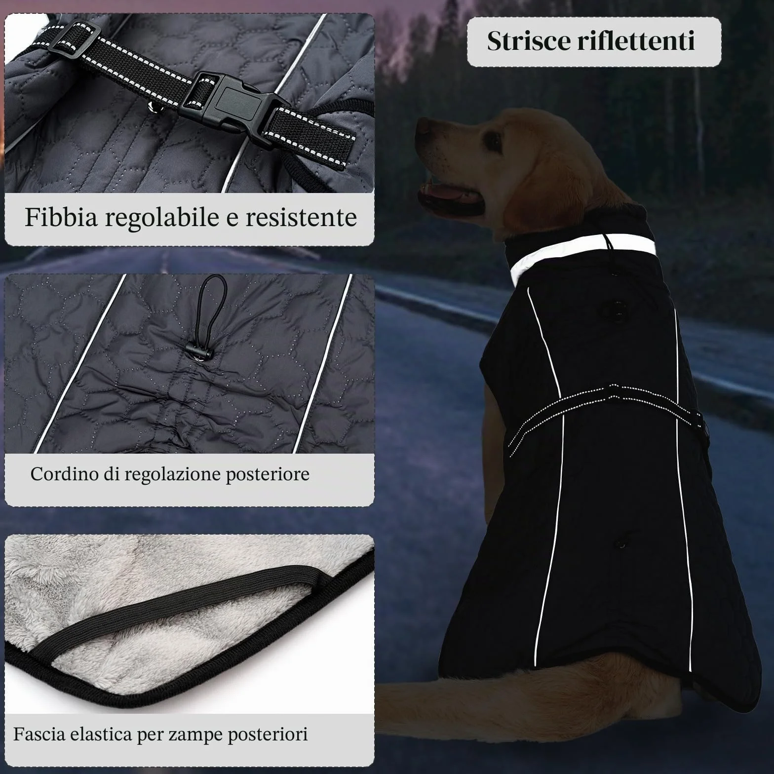 Cappotto Impermeabile Cane Giubbotto Pile Invernale Caldo Regolabile Riflettente Taglia Piccola Media Grande