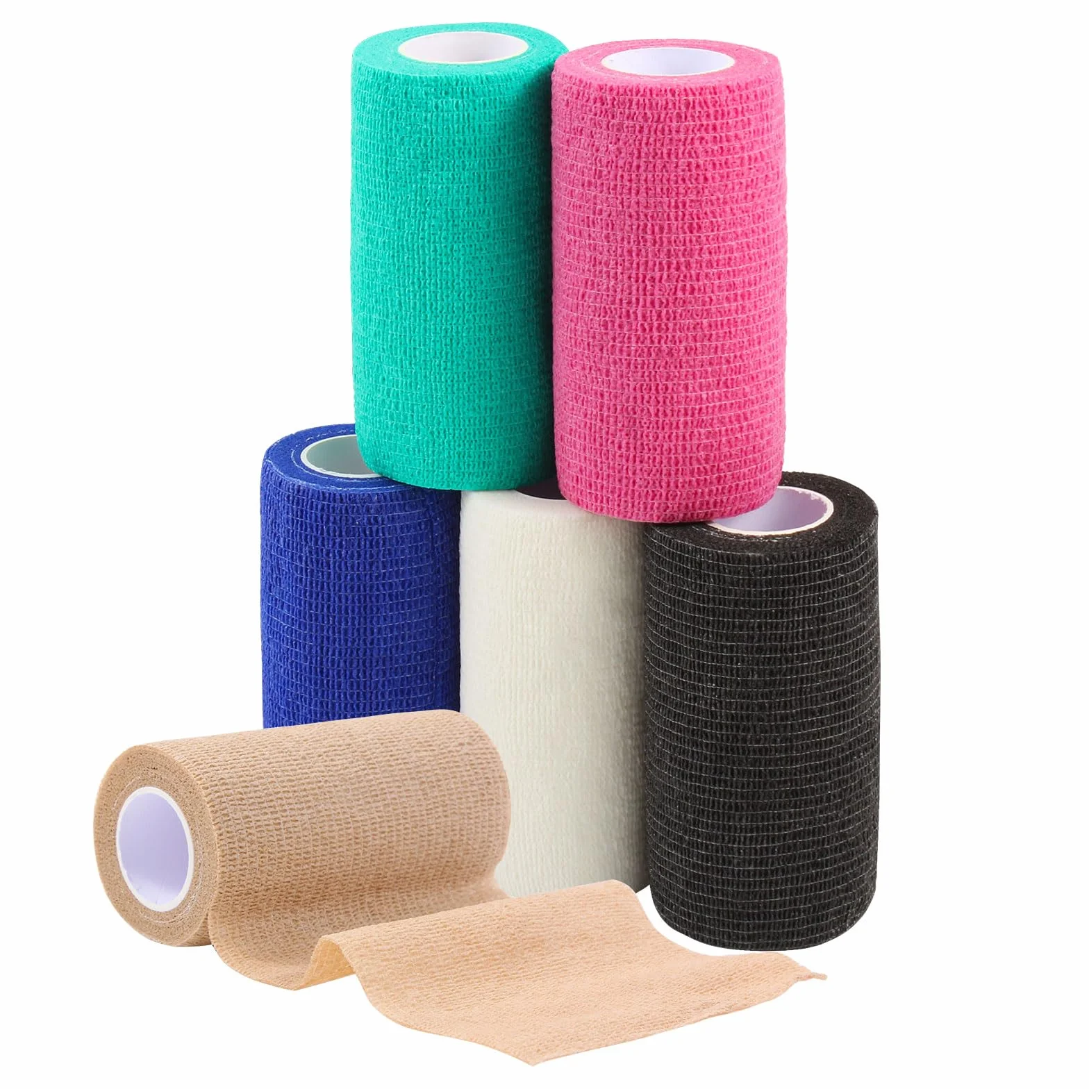 Benda Elastica Coesiva 10cm x4.5m 6 Rotoli, Bendaggio Adesivo Sportivo Non Tessuto Autoadesivo Salvapelle