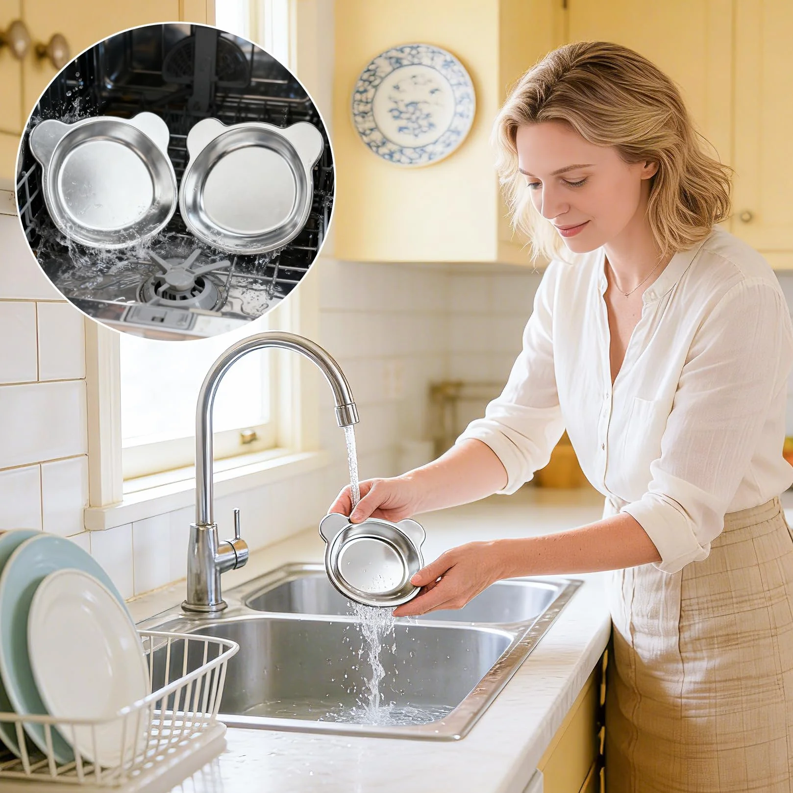 2 Pz Ciotole per Gatti in Acciaio Inox, Ciotole Piatte per Gatti, Ciotola per Bere Antiscivolo, Ciotola per Cibo per Gattis, cibo umido e secco per gattis