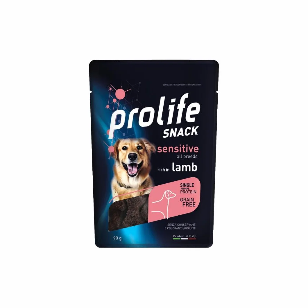 Prolife Snack Cane Adult Sensitive gusto AGNELLO, snack per cani adulti di tutte le taglie senza conservanti e senza cereali, grainfree, monoproteico | 3 bustine da 90 grammi l’una.