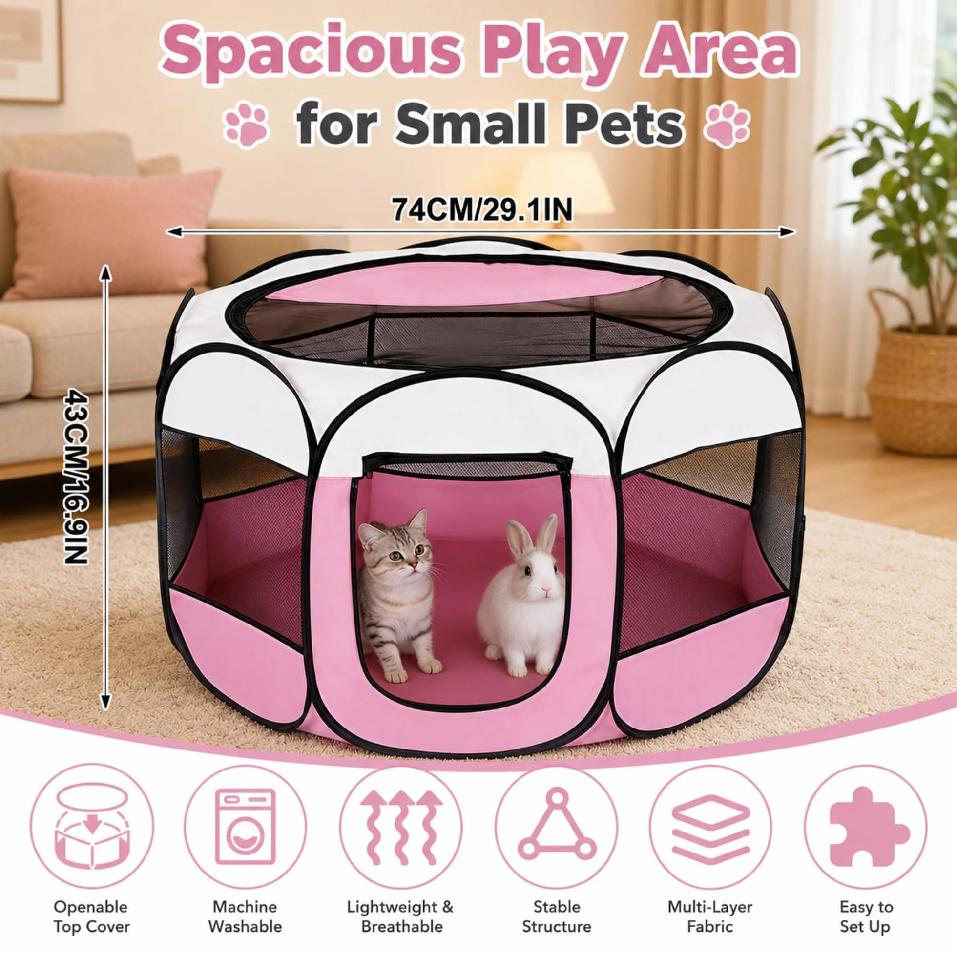 Recinto pieghevole per cuccioli 74x74x43 cm box per cani gatti conigli interni esterni rosa