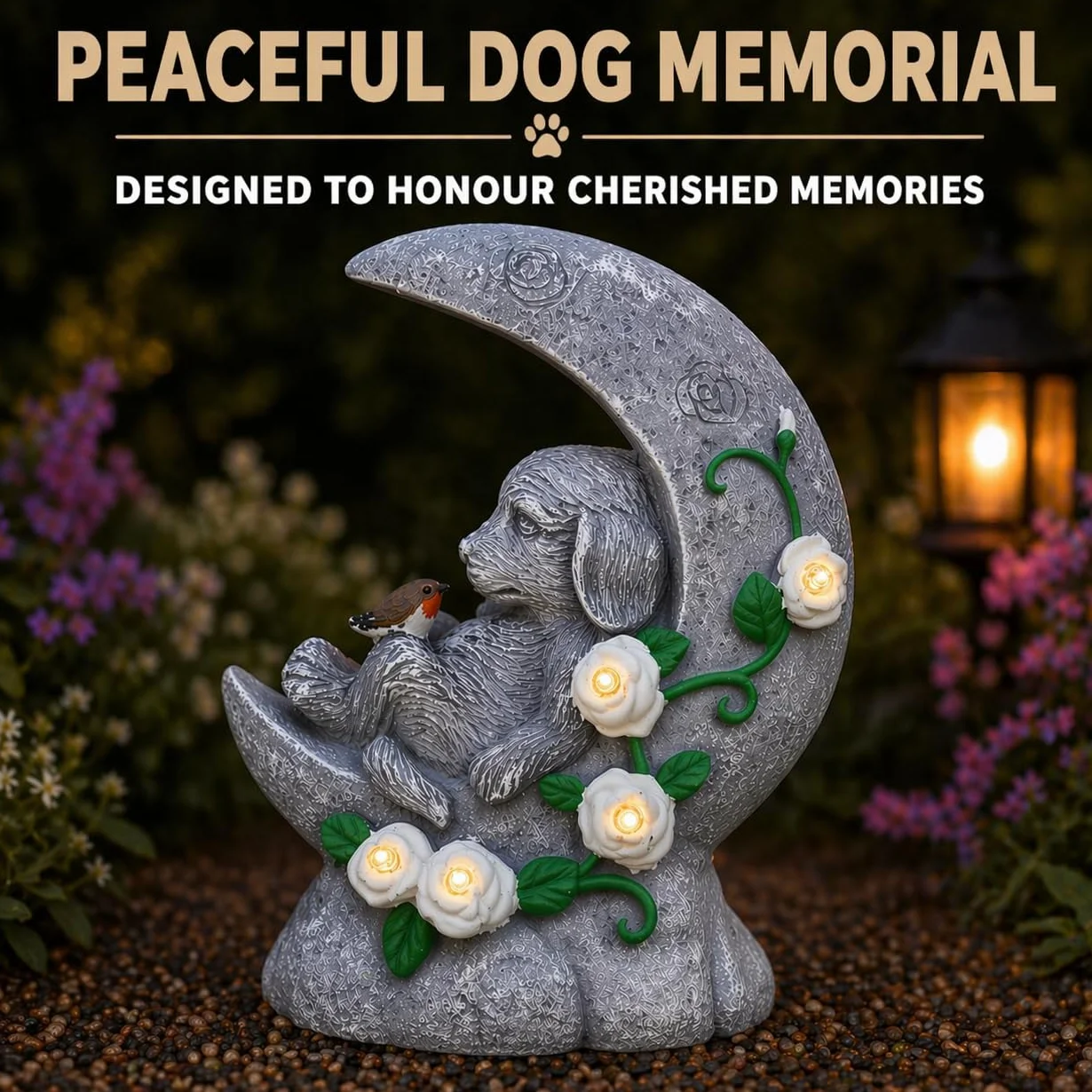 Lapide commemorativa con illuminazione LED solare a mezzaluna 19 cm per cane resistente agli agenti atmosferici