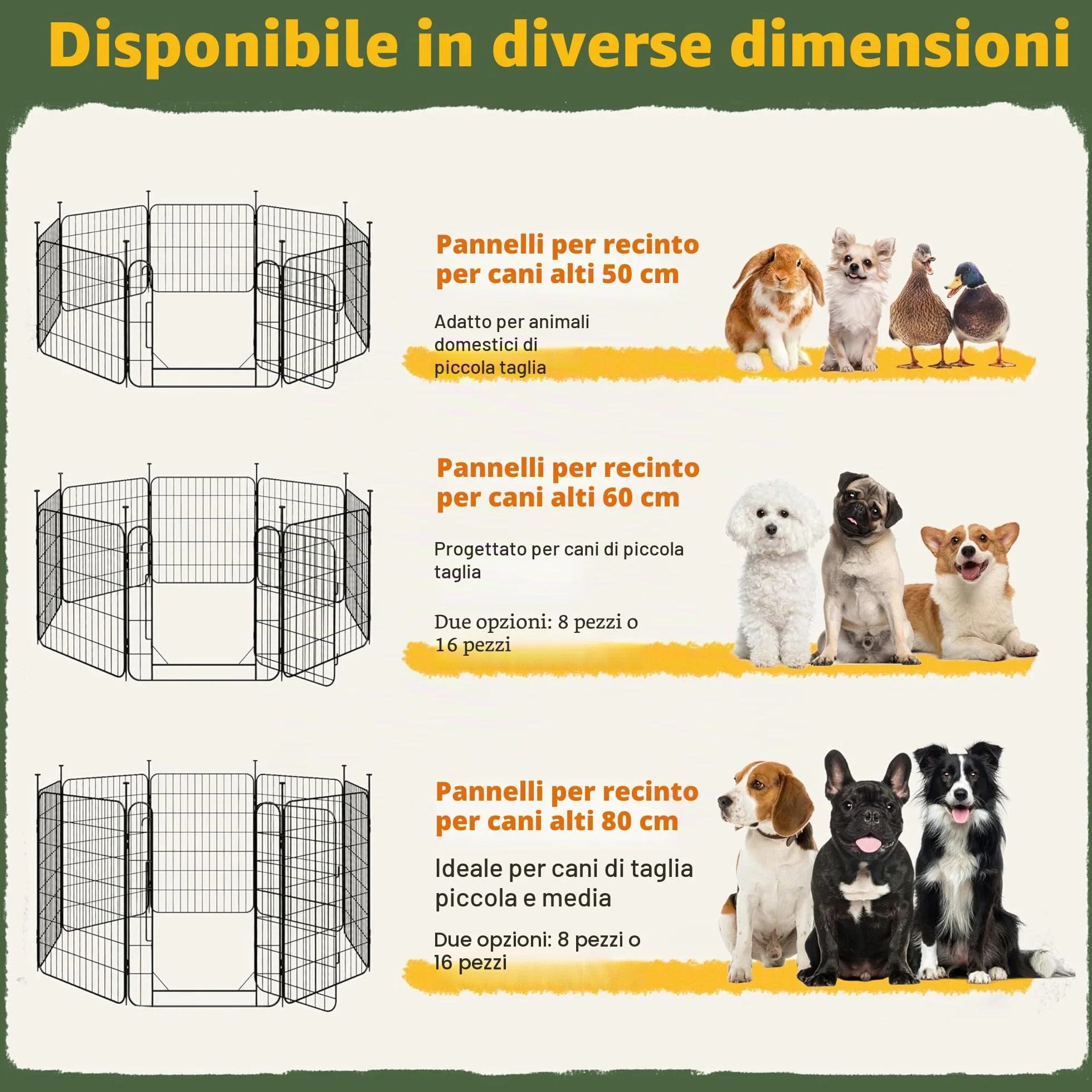 Yaheetech Recinto per Animali Domestici in Acciaio Pieghevole 8 Pannelli Altezza 60 cm con Porta per Cani Gatti Conigli