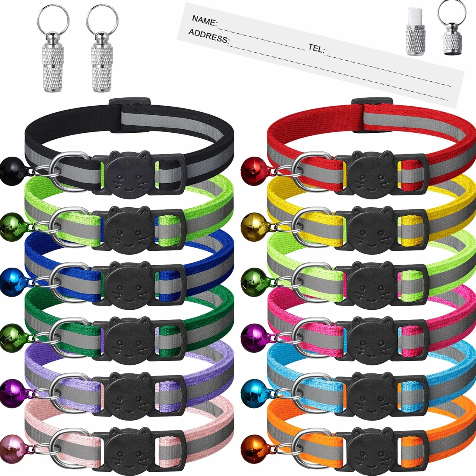 12 Pcs Collare Gatto Riflettenti,Collari per Gatti Antistrozzo con Campanellino,Regolabile 19-32 cm,Sicuro,Nylon,Personalizzato Accessori Animali Domestic(12 Colori e 2 Etichette Anti-Perso)