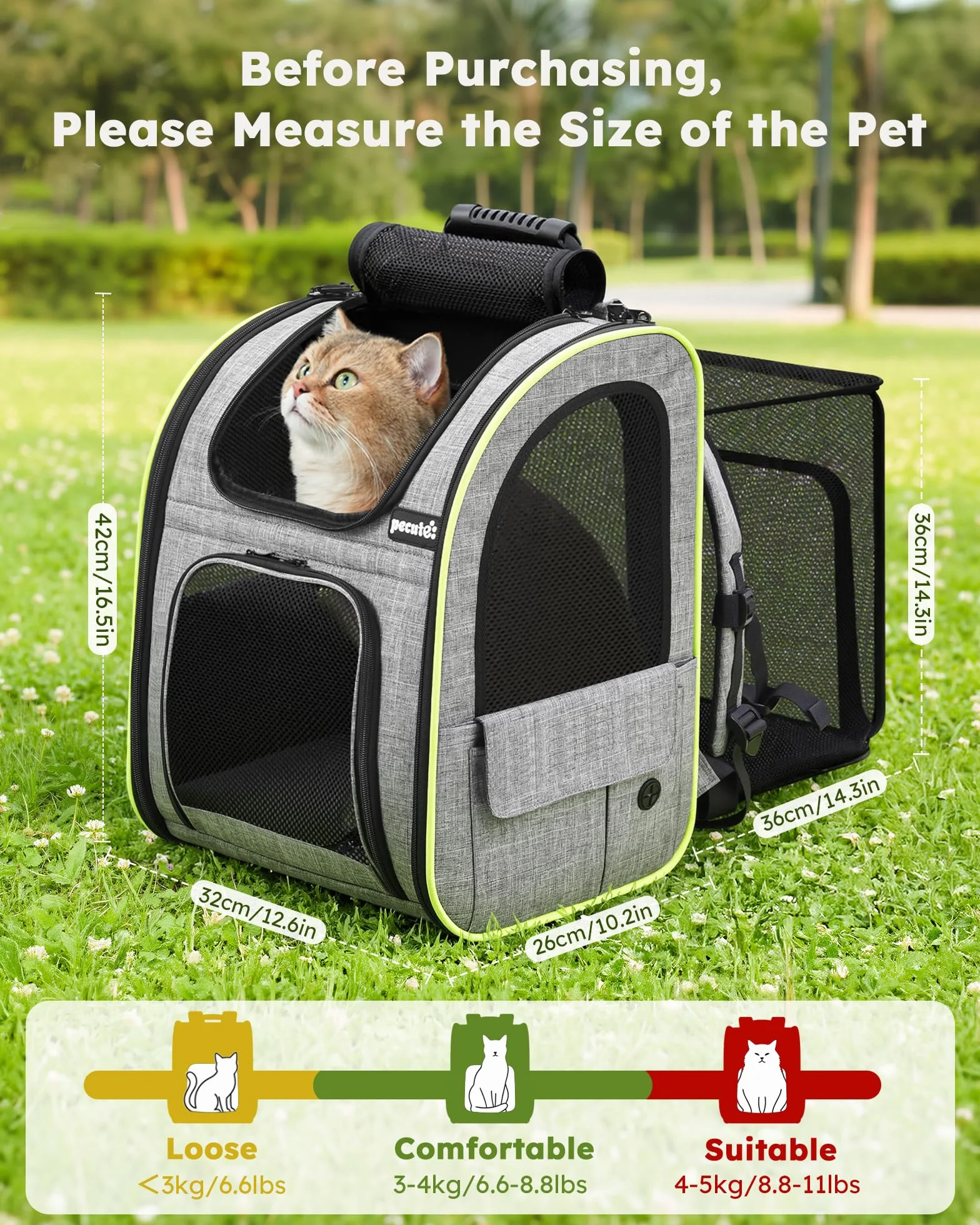 Pecute Zaino per Cani Gatti Estensibile, Trasportino Portatile, Grigio