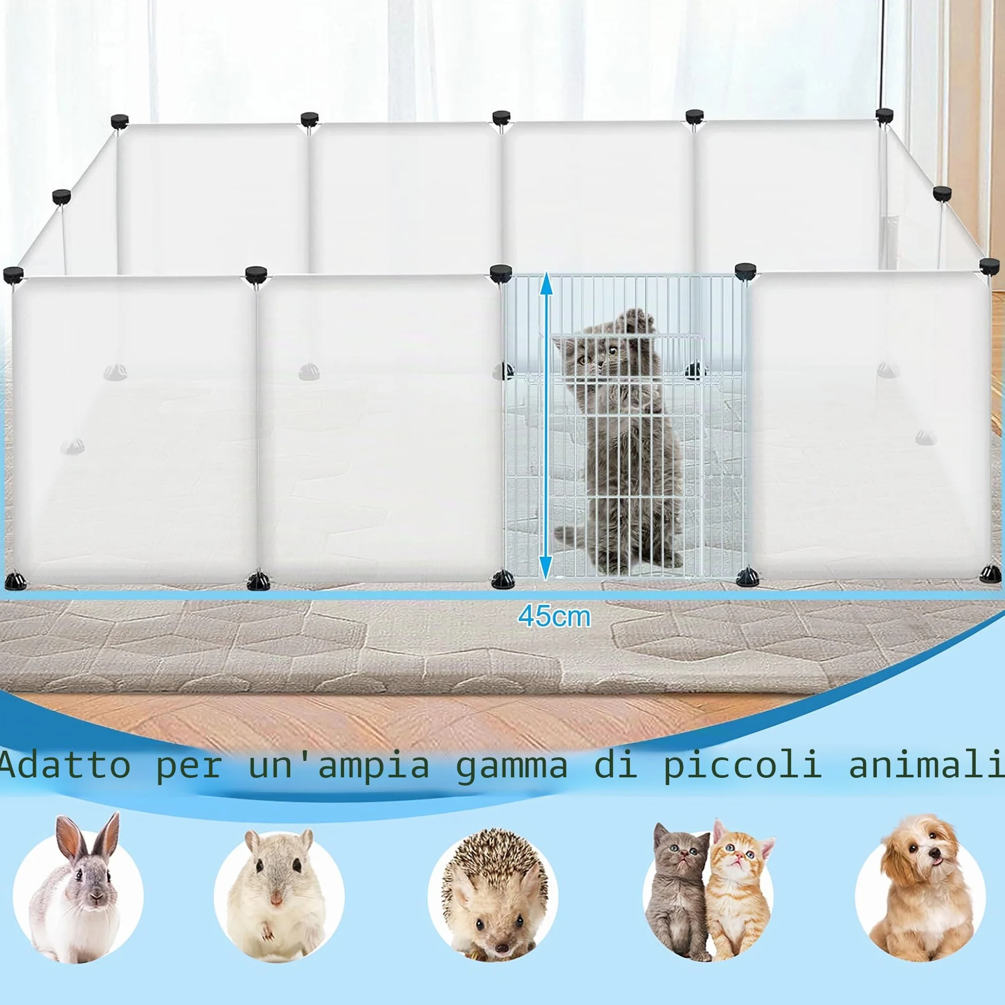 Froadp Recinzione per Animali Domestici Conigli da Esterno 145x75x48cm in Plastica, Recinto a Griglia con Porta per Cavie, Animali da Compagnia, Gabbia per Cuccioli, Hamster (Bianco Traslucido)