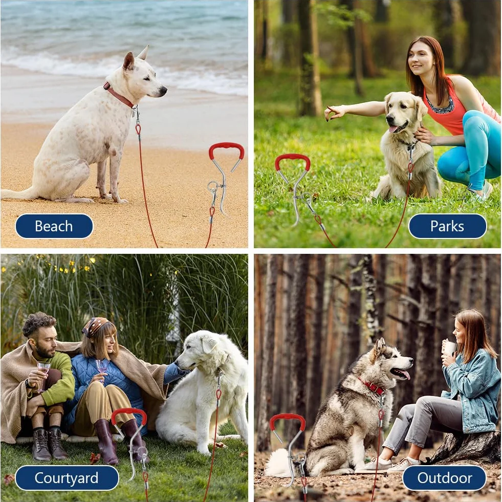 Aomig Cavo Resistente per Cani, Kit Guinzaglio per Cani 3M e Picchetto per Cani in Acciaio Inossidabile, Spirale in Metallo a Forma di Cane Tether Dog Accessori da Campeggio, Cortili, Parchi