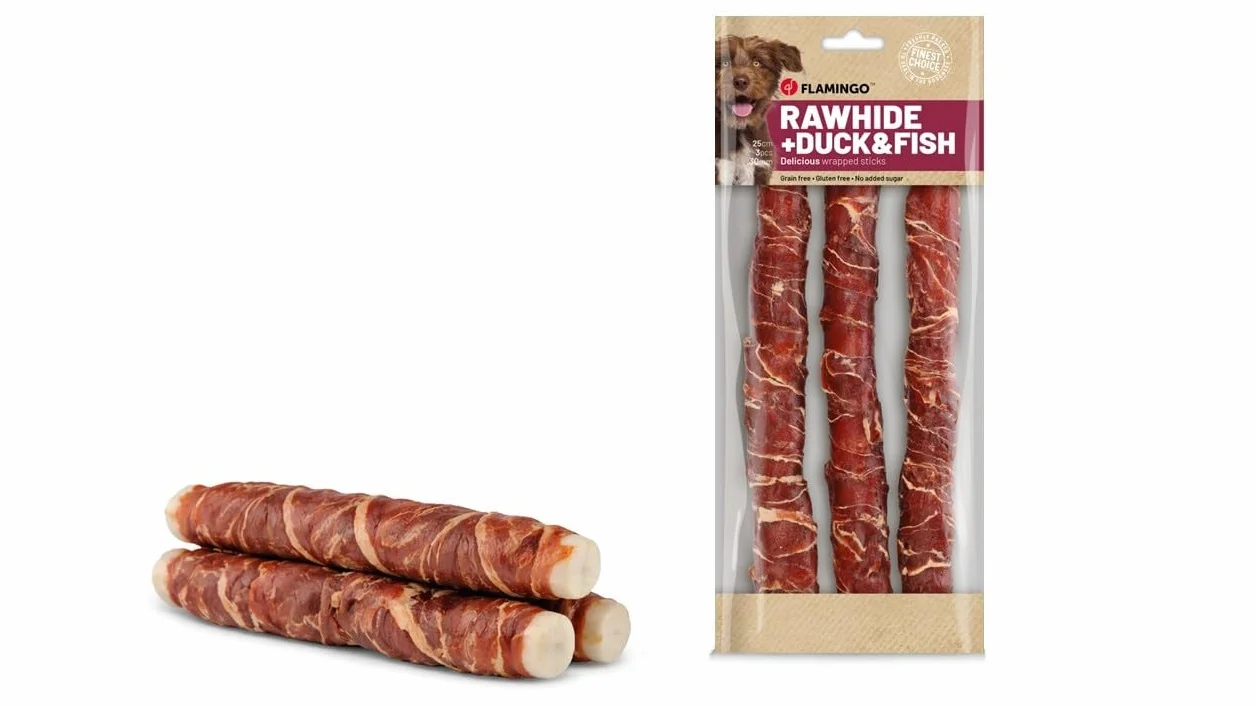 snack per cani - bastoncini per cani - R'Hide con anatra e merluzzo - 25 cm - 3 pezzi - 240 g - senza glutine - senza cereali - senza zuccheri aggiunti