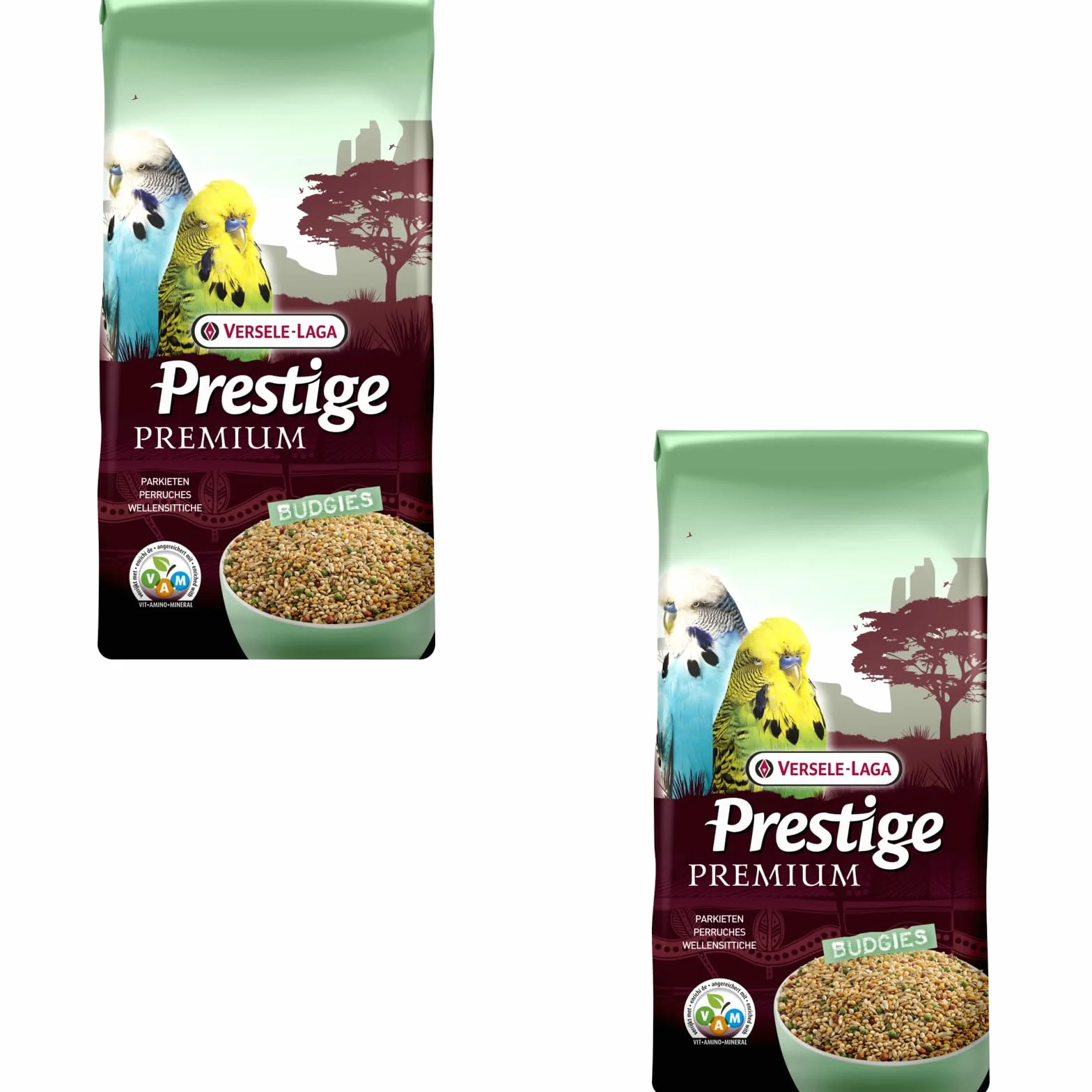 Versele-Laga Prestige Premium BUDGIES | Confezione Doppia | 2 x 800 g | Miscela di semi arricchita con granuli estrusi VAM - Cocorite | Può essere utilizzato come alimento di base